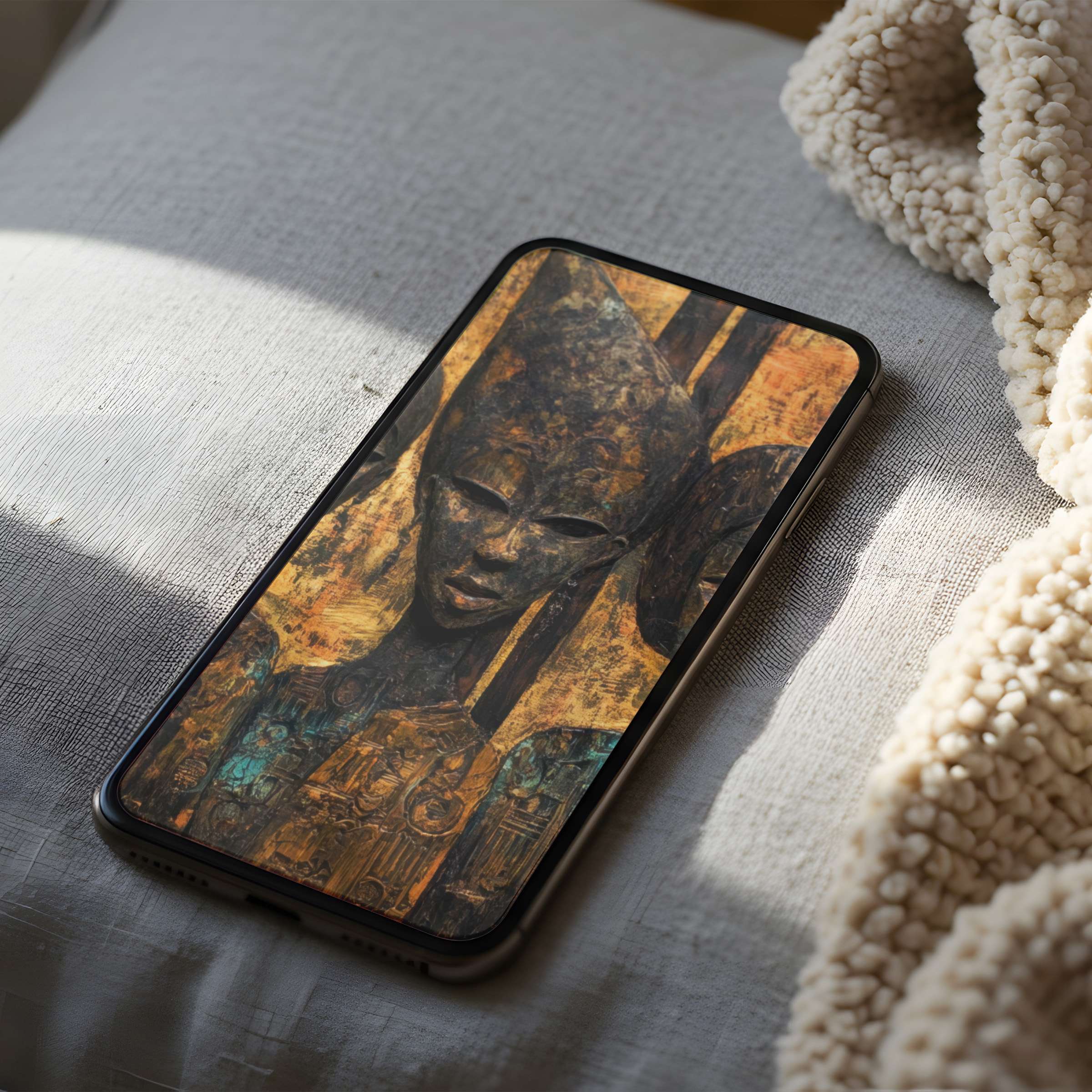 Elegant phone wallpaper showcasing ancient-inspired art in rich gold and brown hues complements any iPhone or Android download