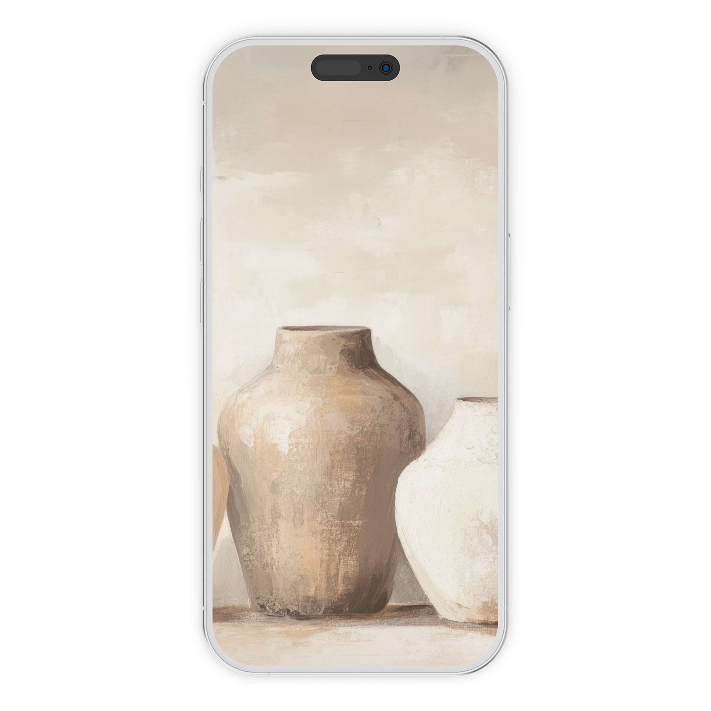Boho iPhone wallpaper featuring earthy vases on a neutral background for a soothing phone aesthetic digital download suitable for all devices