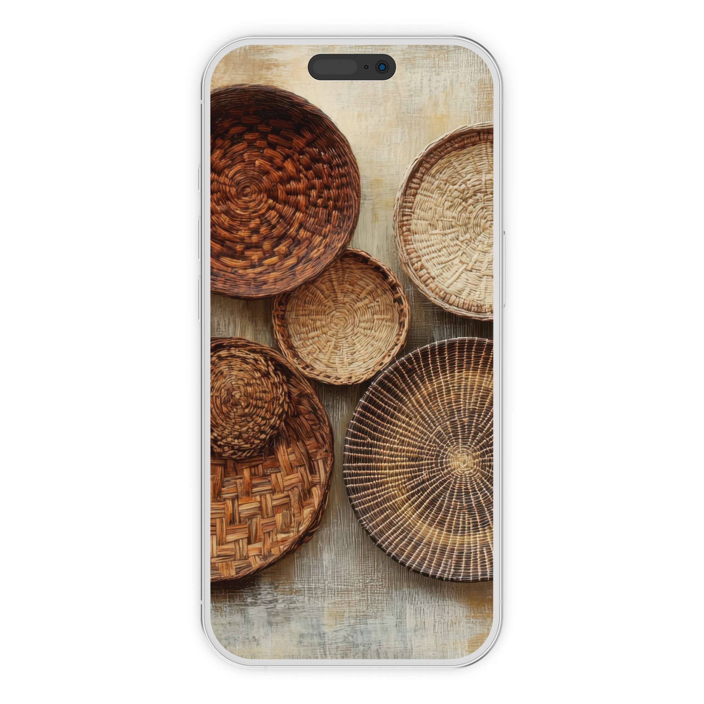 Boho iPhone wallpaper featuring rustic woven baskets on a neutral background offers a calming digital download for phone art enthusiasts