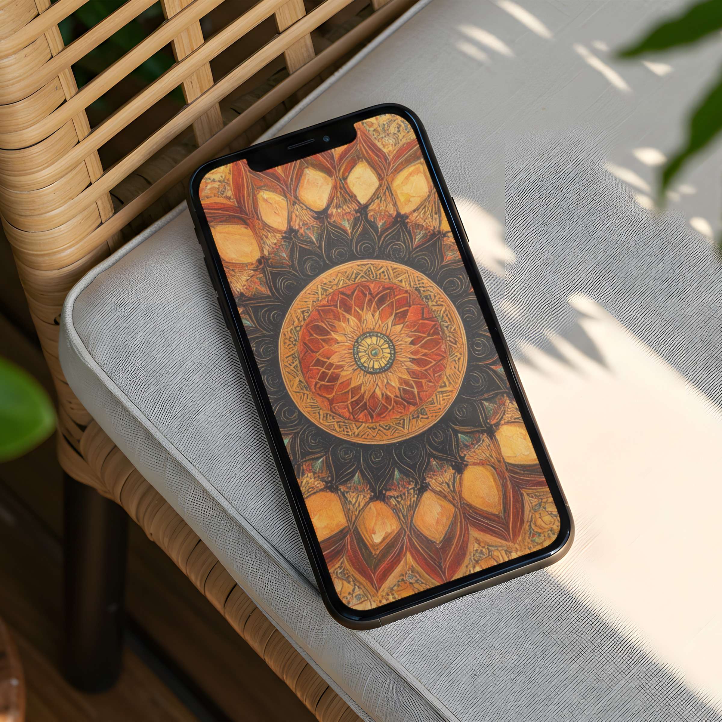 Elegant mandala iPhone background with warm earthy tones and intricate design for instant download on any phone inspiring mindfulness