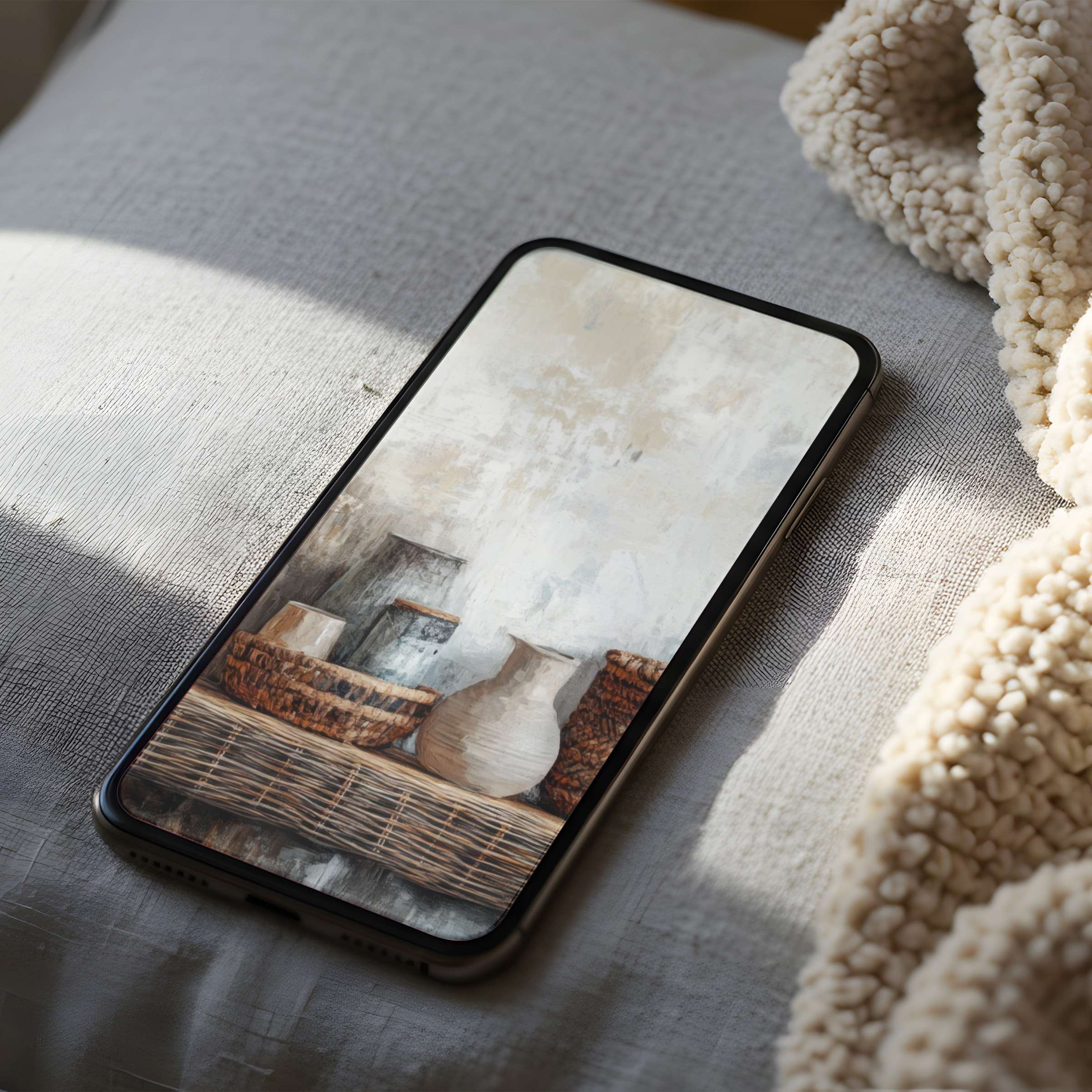 Elegant phone wallpaper featuring soft textures and earthy tones, perfect for iPhone and Android, offering calm digital download ambiance