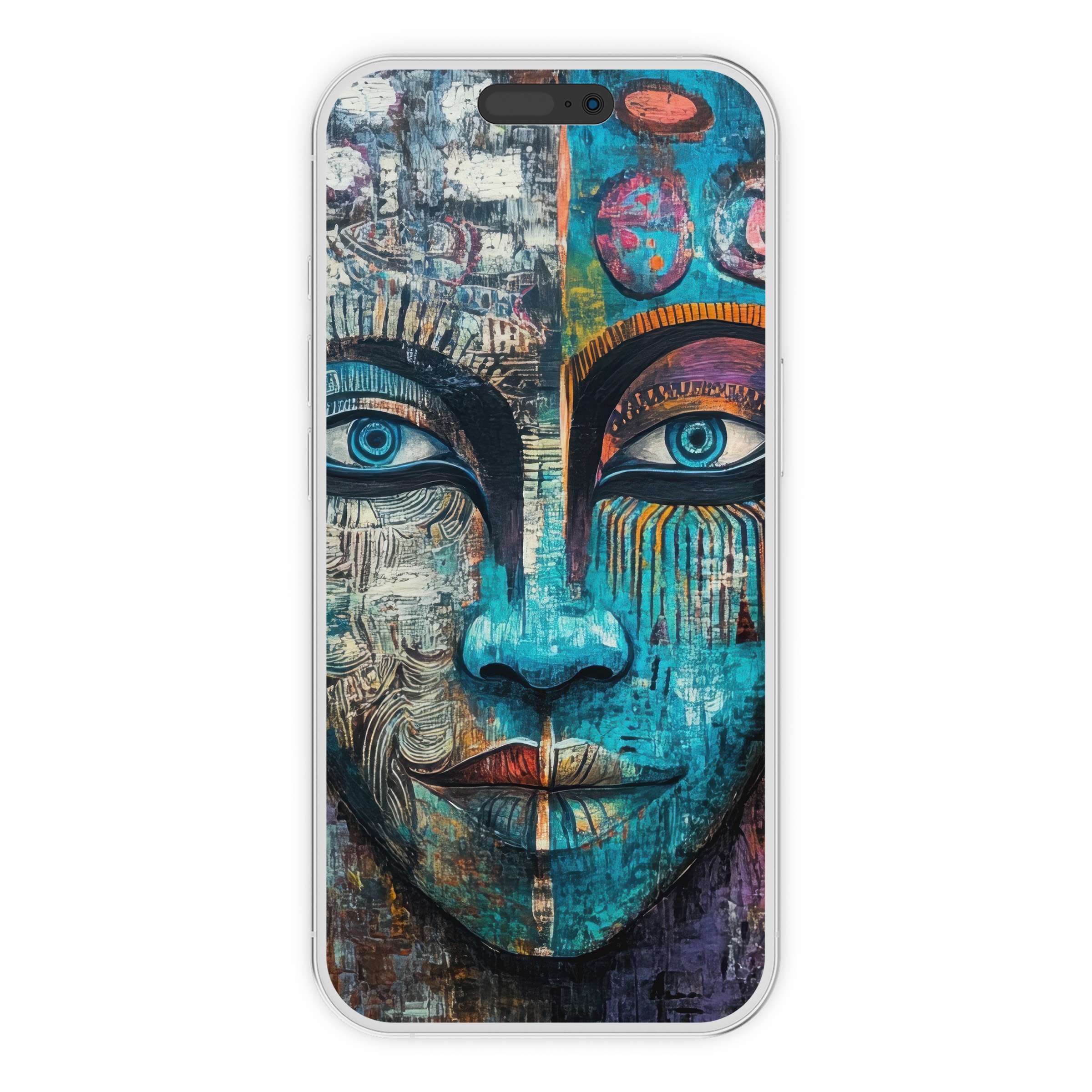 Boho iPhone wallpaper featuring a vibrant, artistic face in blue and earthy tones ideal for phone background digital download