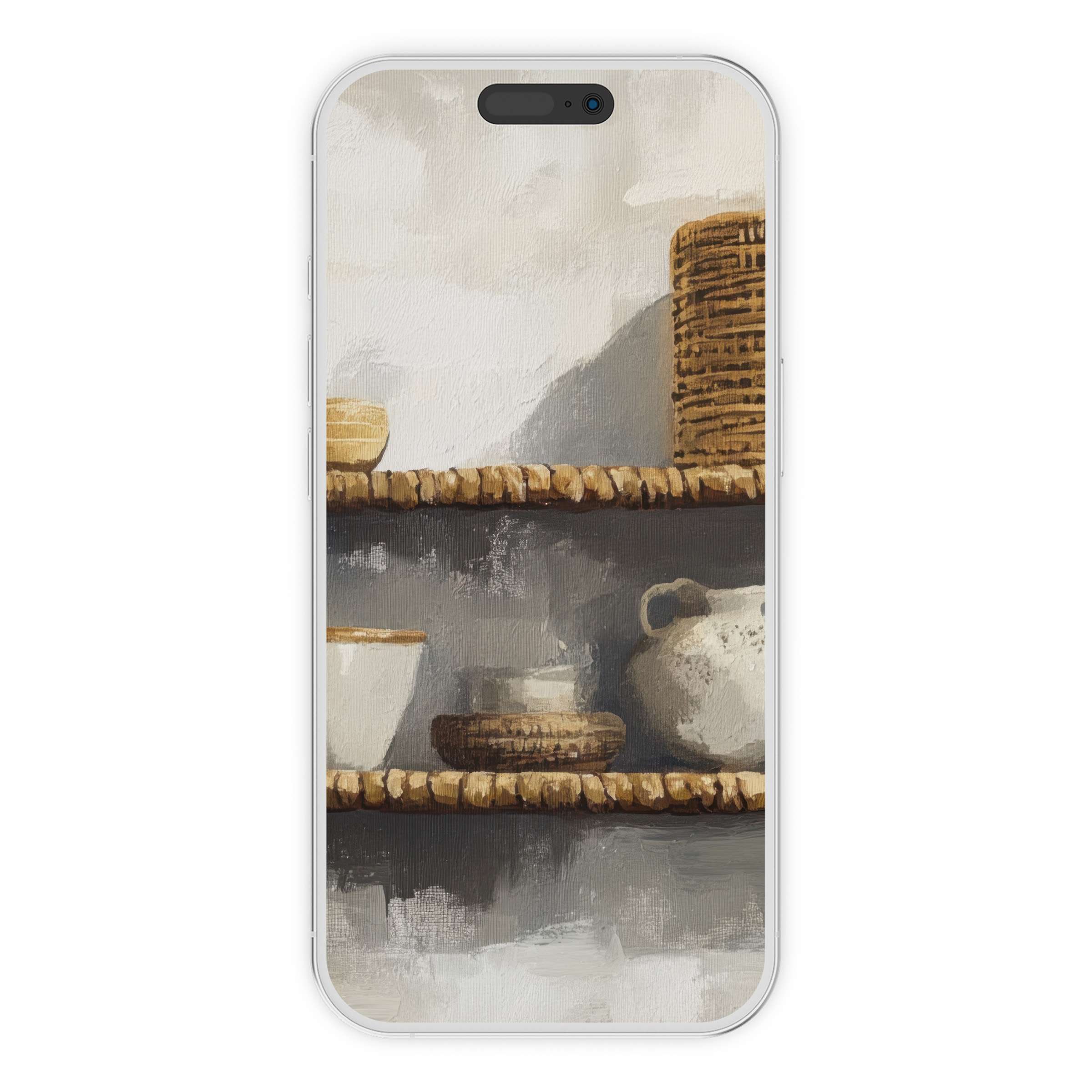 Elegant boho iPhone wallpaper featuring rustic textures and neutral pottery for a calming phone background digital download suitable for all devices