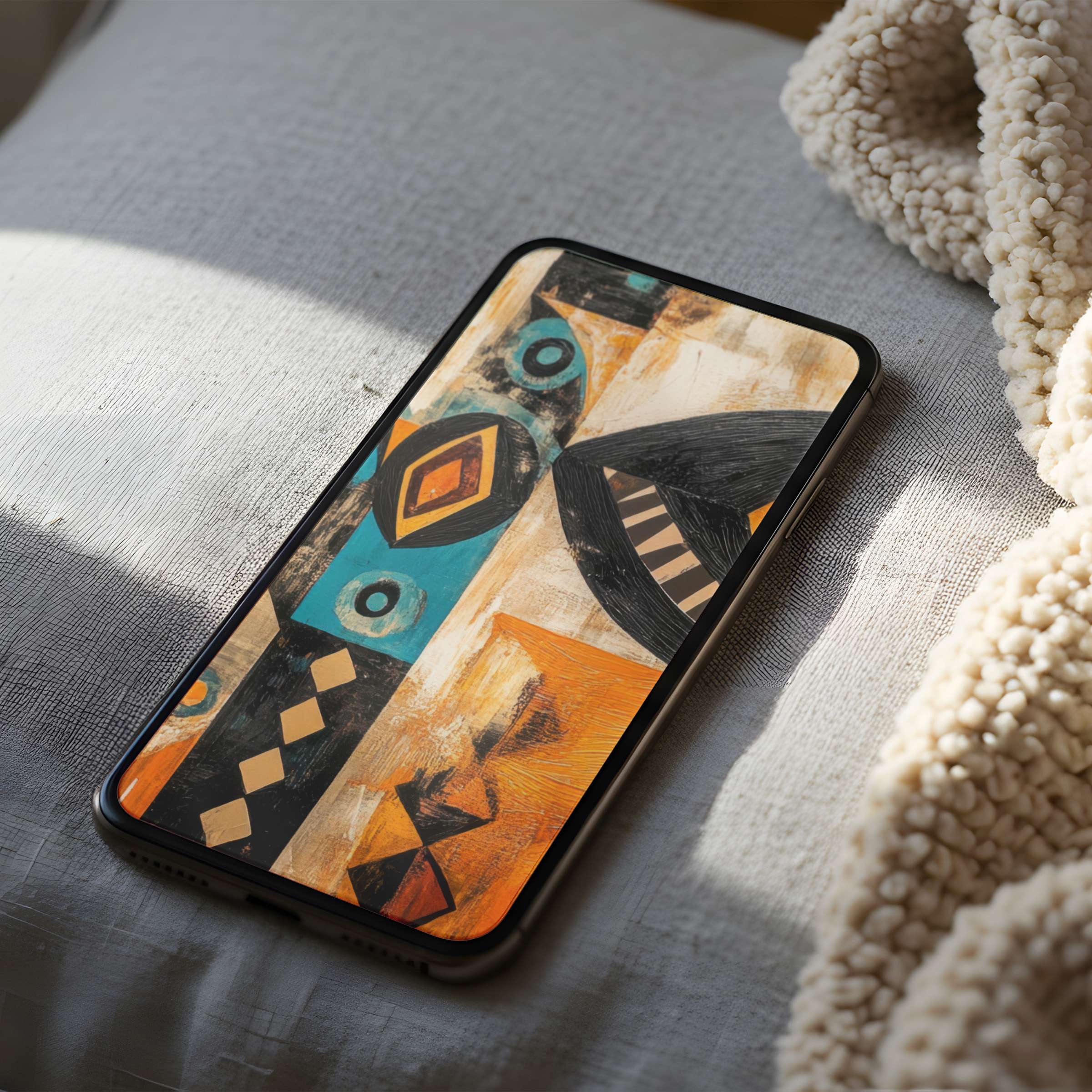 Curated phone wallpaper with a tribal abstract design in warm earthy tones enhances any interior's aesthetic calm suitable for iPhone download