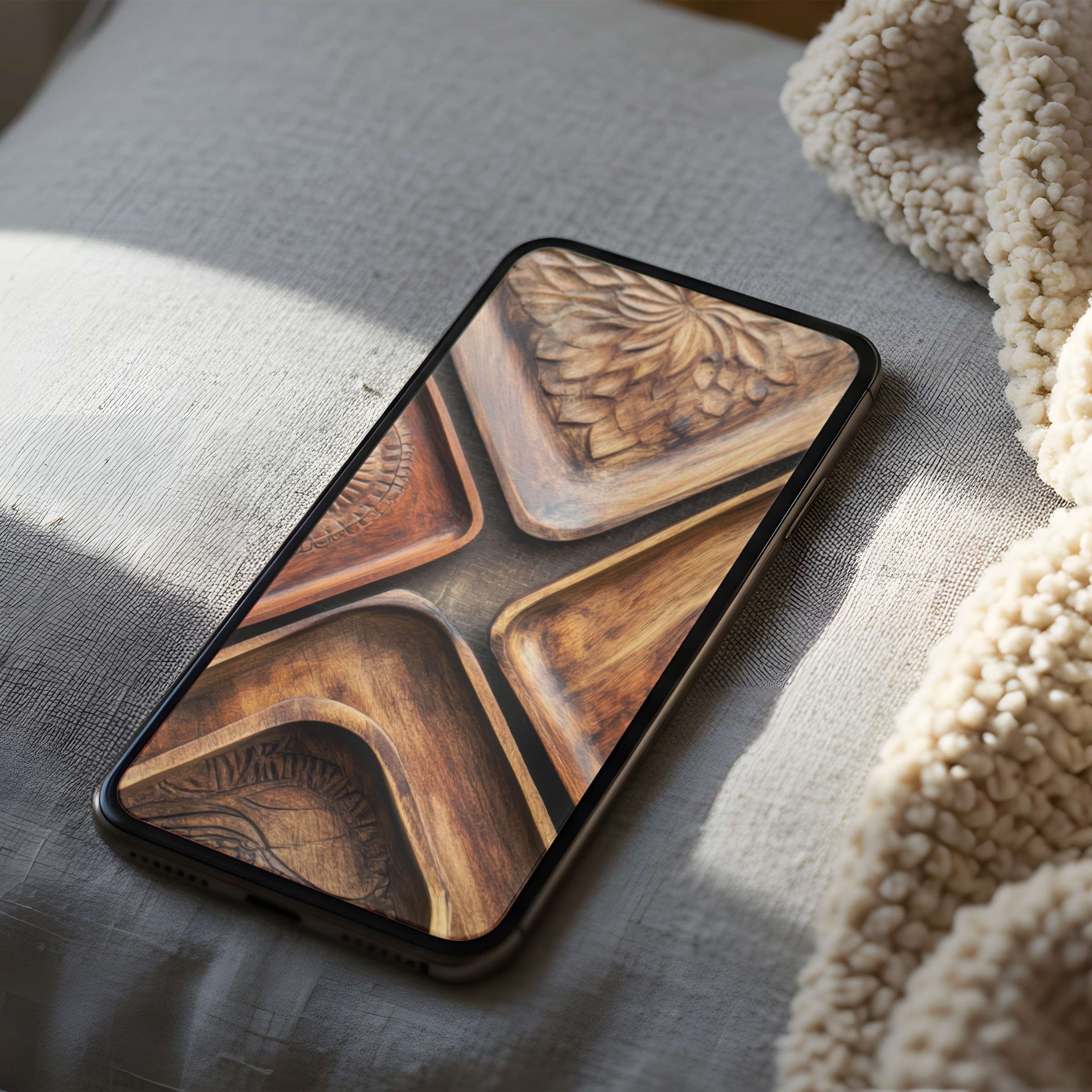 Elegant carved wood design phone wallpaper, perfect for iPhone and Android, offers calm aesthetics in high resolution, ideal for digital download