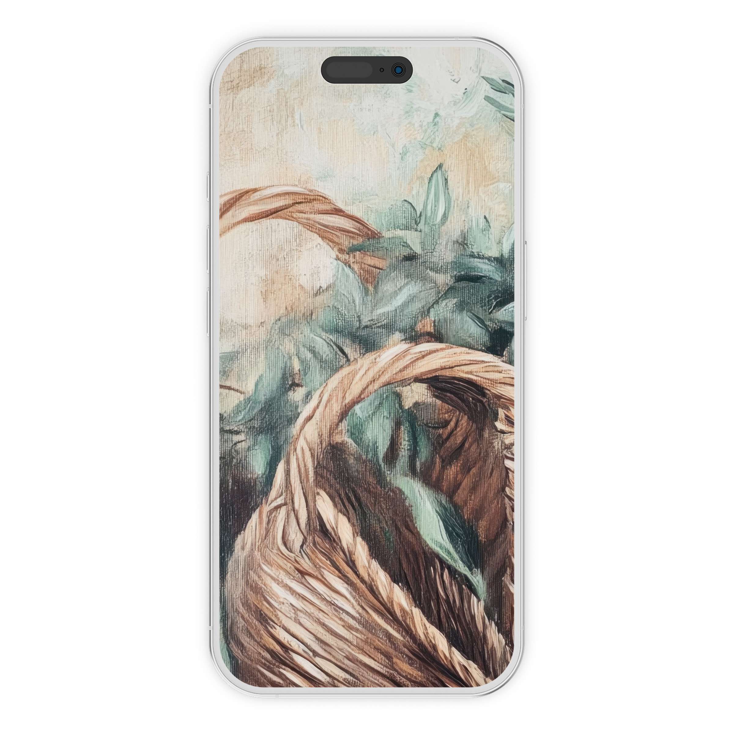Elegant boho iPhone wallpaper featuring woven baskets and greenery brings calm to any phone background digital download available