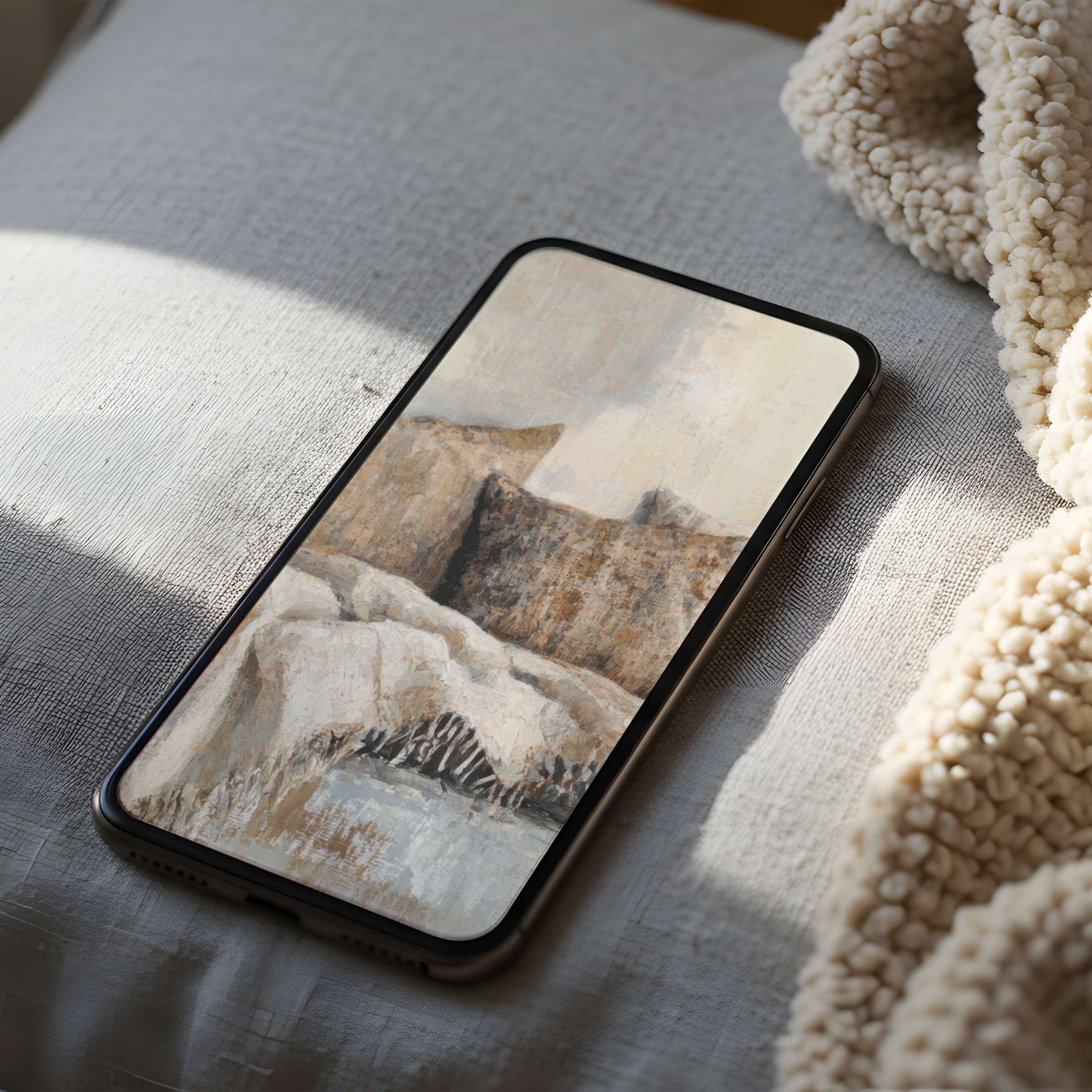 Elegant phone wallpaper featuring muted abstract textures on high-resolution digital download for iPhone and Android phones enhancing calm ambiance