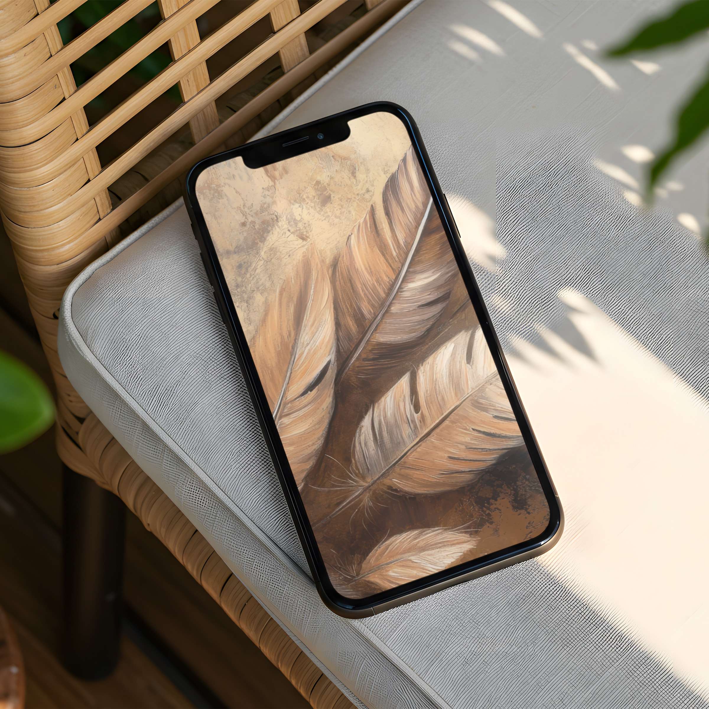 Elegant feather design iPhone background in warm earthy tones evokes calm and mindfulness instant download for any phone
