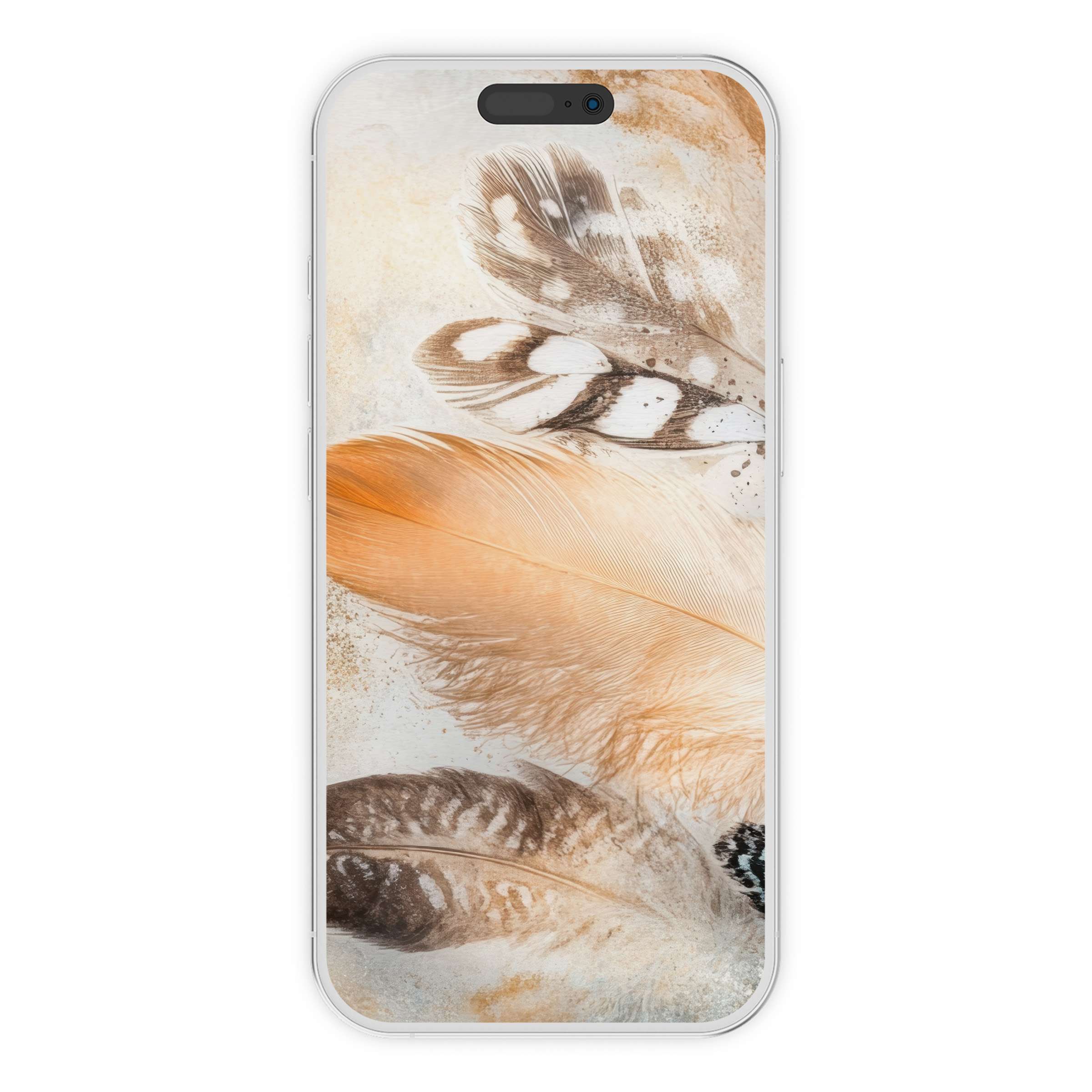 Elegant boho iPhone wallpaper featuring earthy feather textures, enhancing phone backgrounds with digital download for a serene style