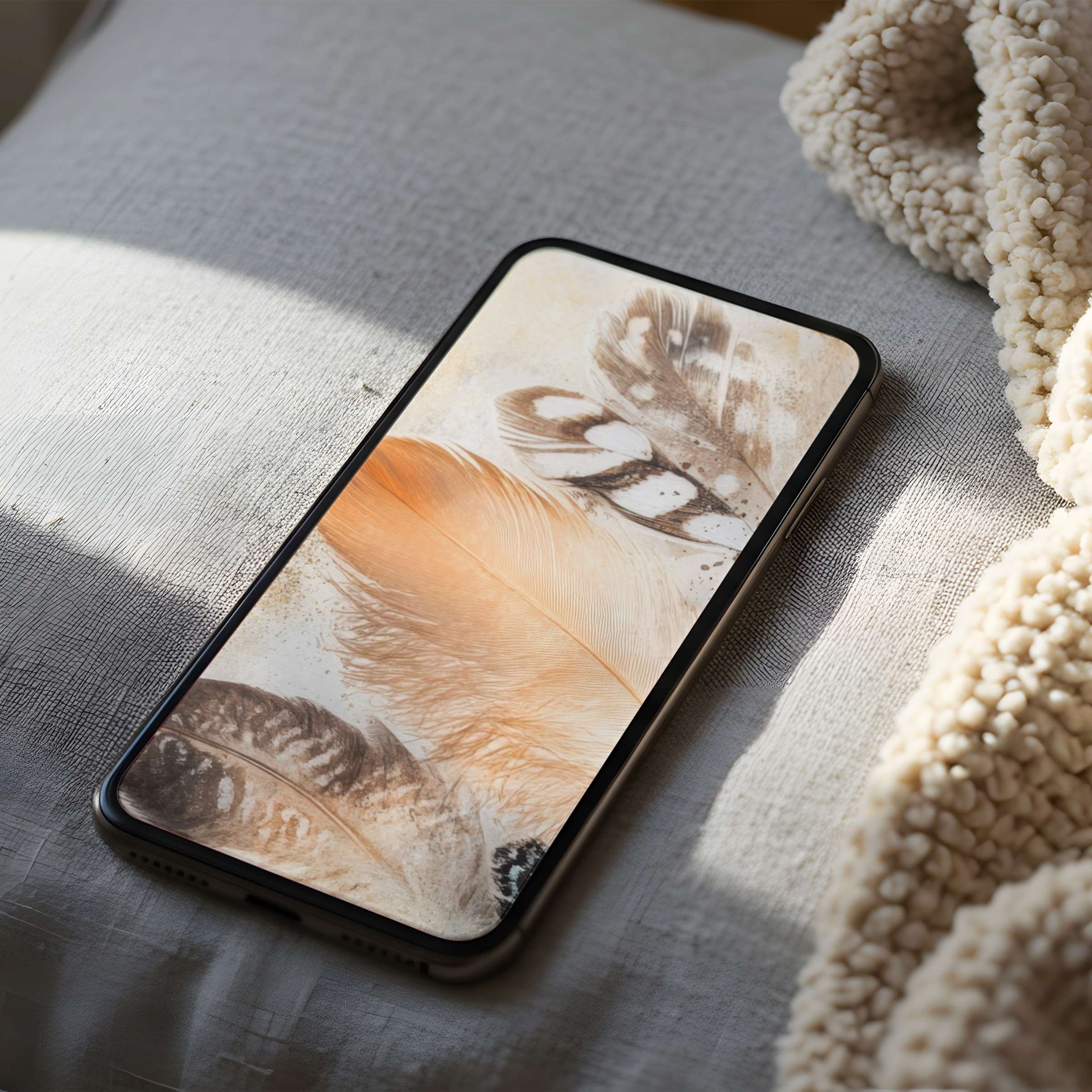 Elevate your space with this elegant feather motif phone wallpaper offering a calming digital download for iPhone and Android users