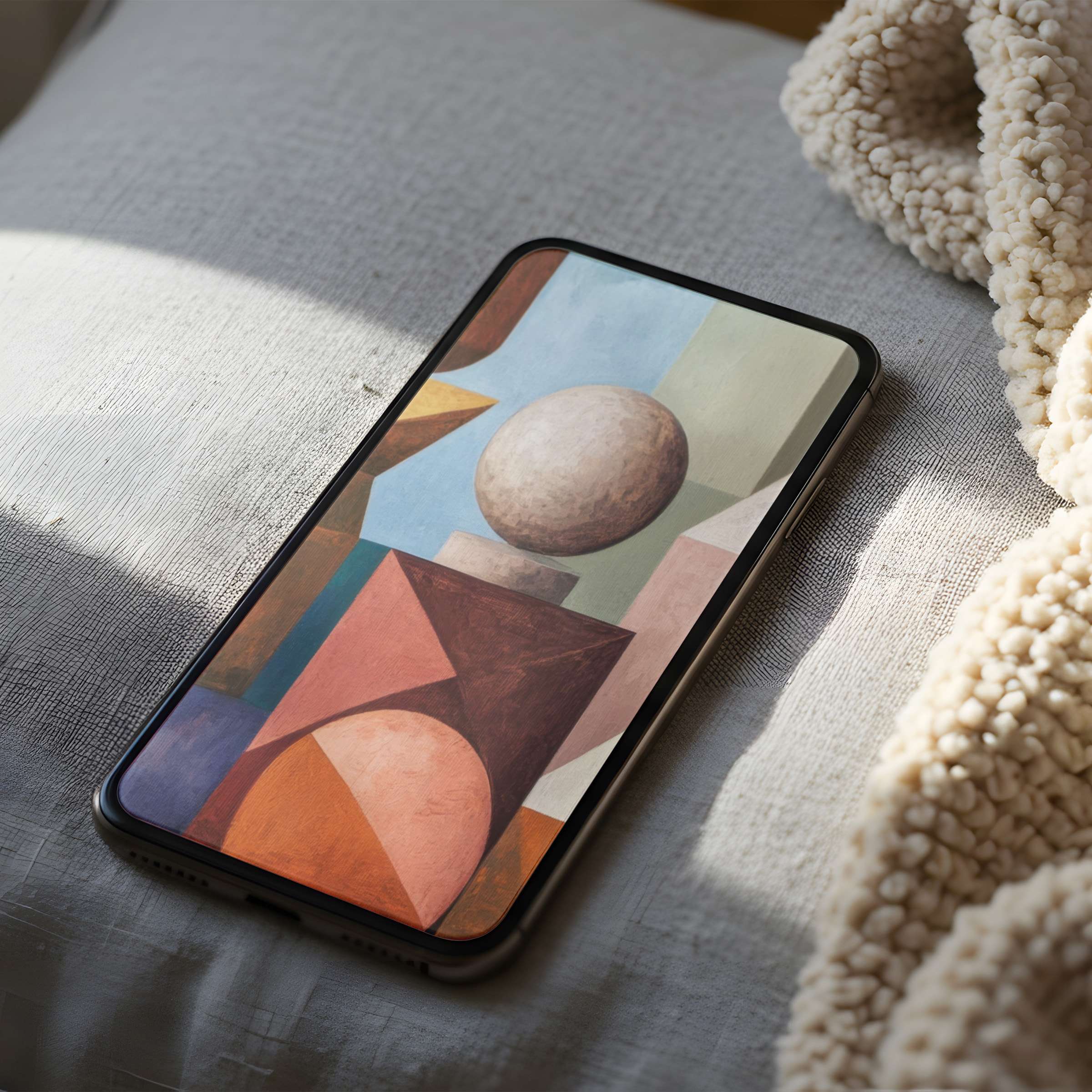 Geometric digital art phone wallpaper on an iPhone laying on a cozy bed, offering calm elegance in high resolution for all screens