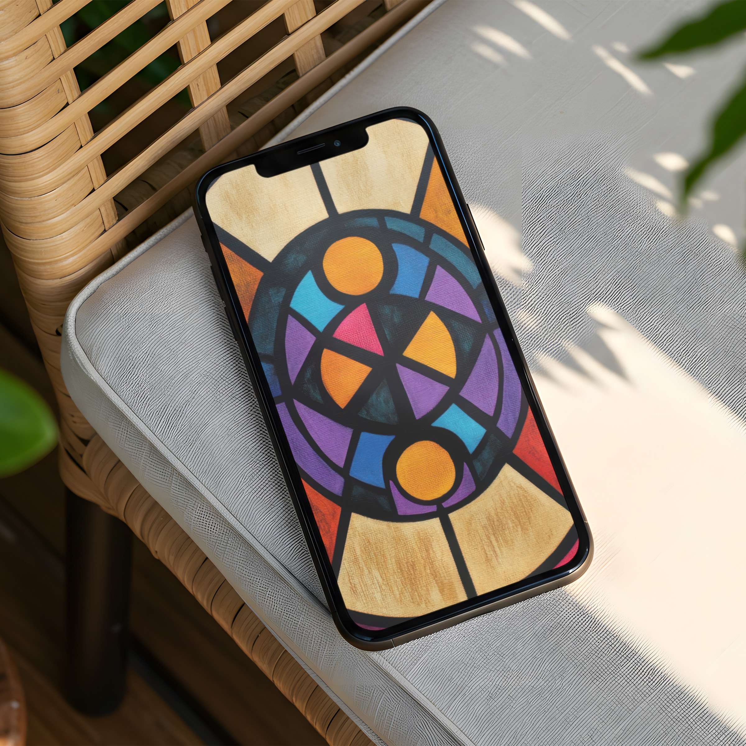Elegant geometric stained-glass iPhone background for instant download adds color and calm to your phone, inspiring mindful design lovers