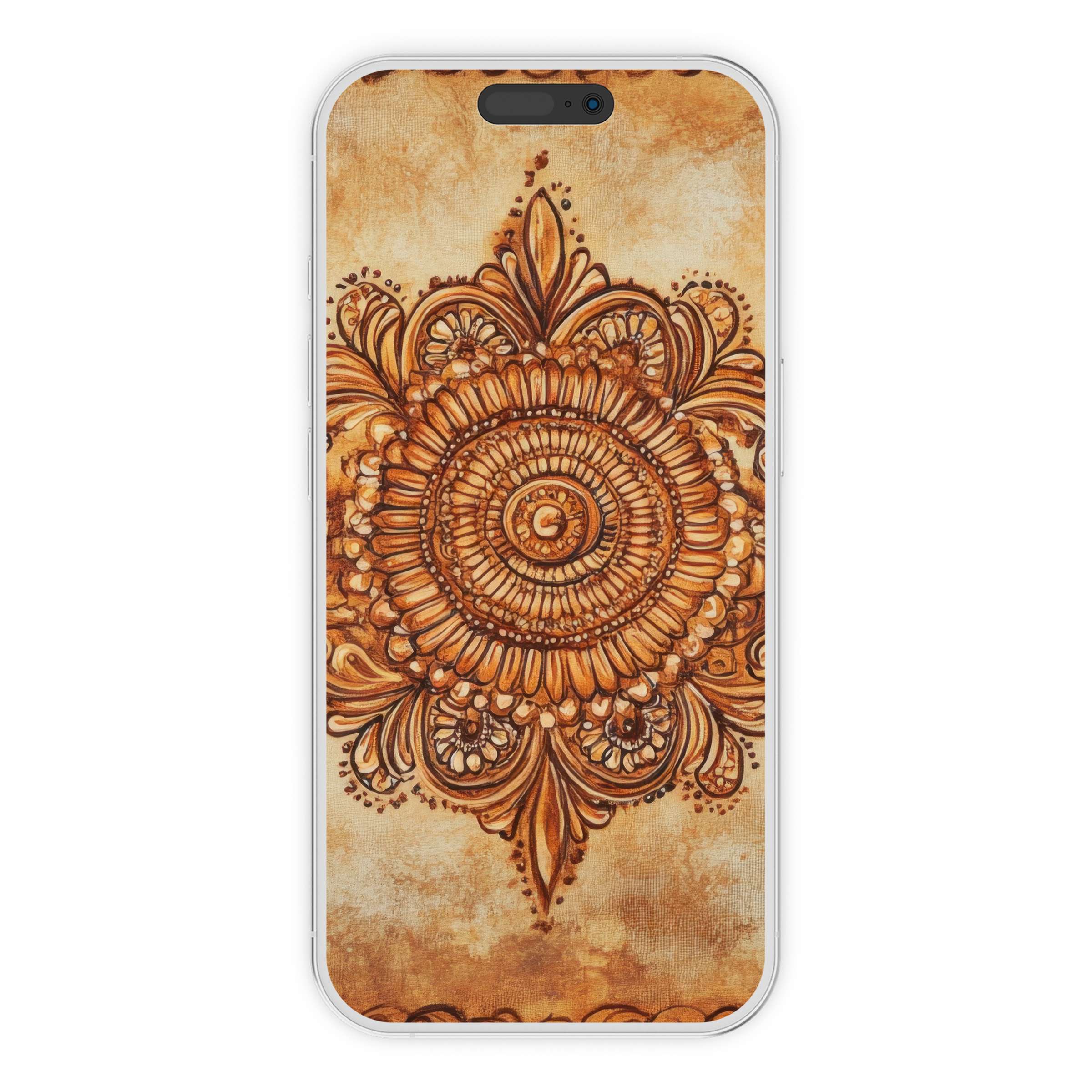 Elegant boho iPhone wallpaper with intricate mandala design in warm earth tones for a serene phone background digital download