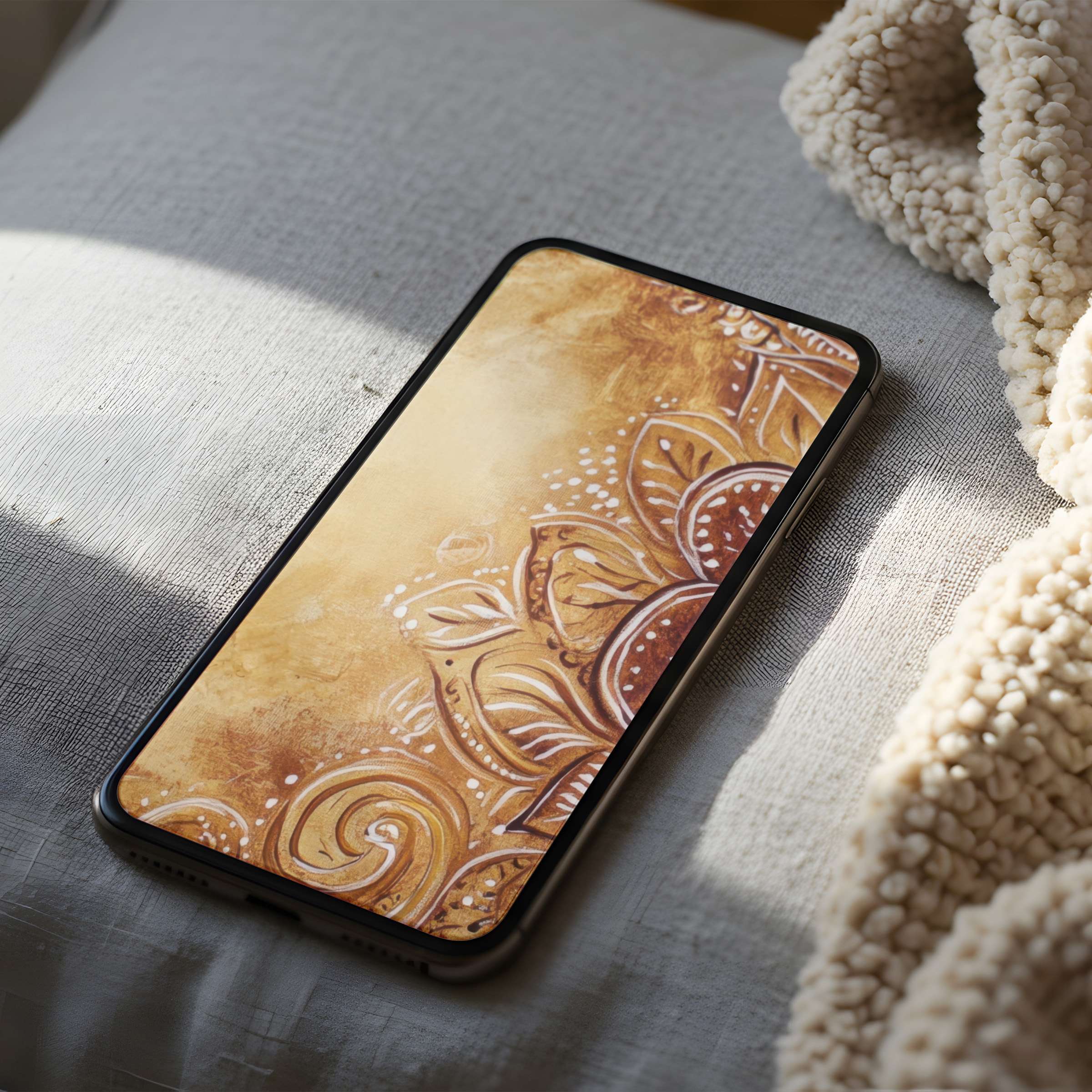 Elegant phone wallpaper featuring intricate golden floral motifs offers a serene digital download for high resolution iPhone and Android screens