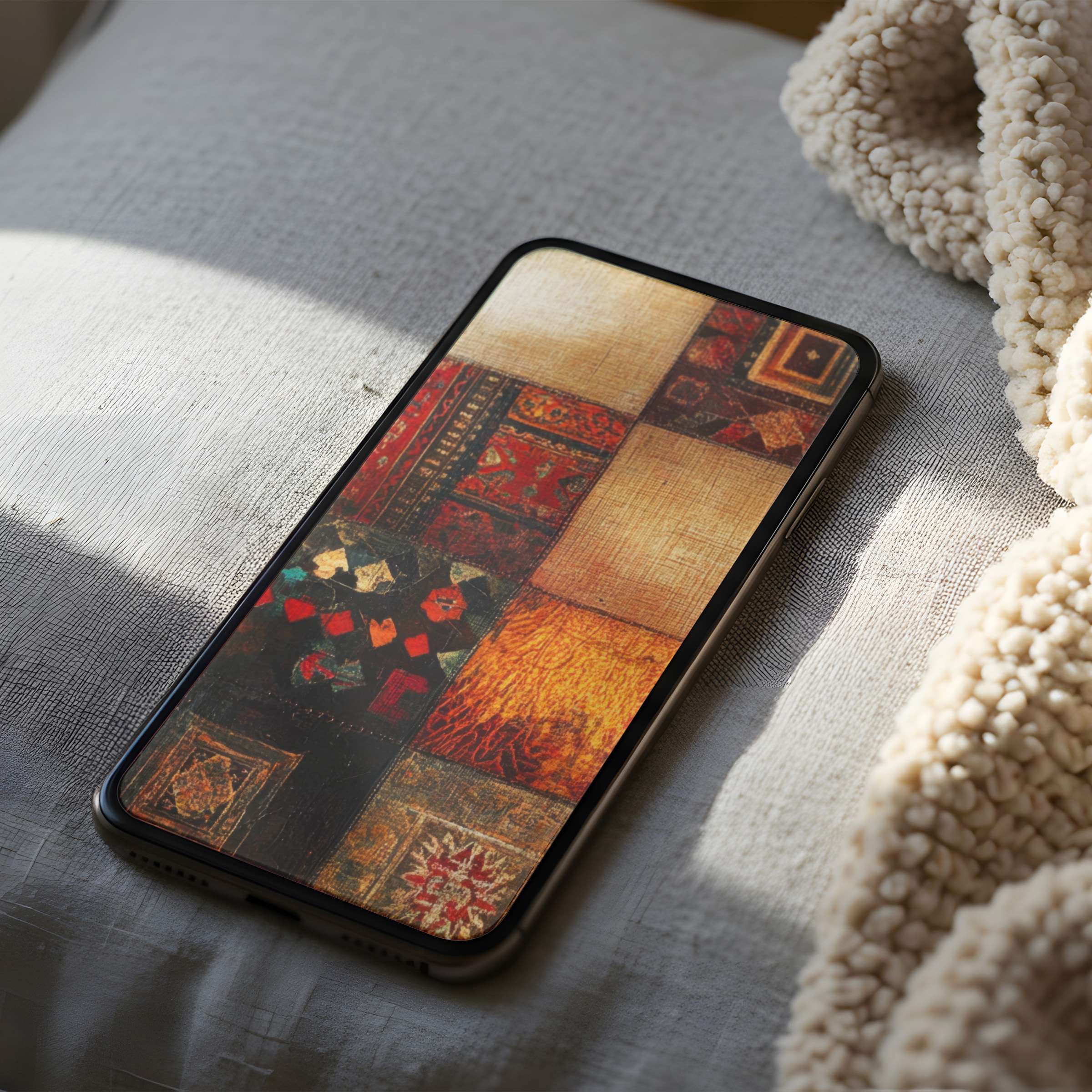 Elegant abstract patchwork phone wallpaper showcasing warm tones and rich textures ideal for high-resolution iPhone and Android screens