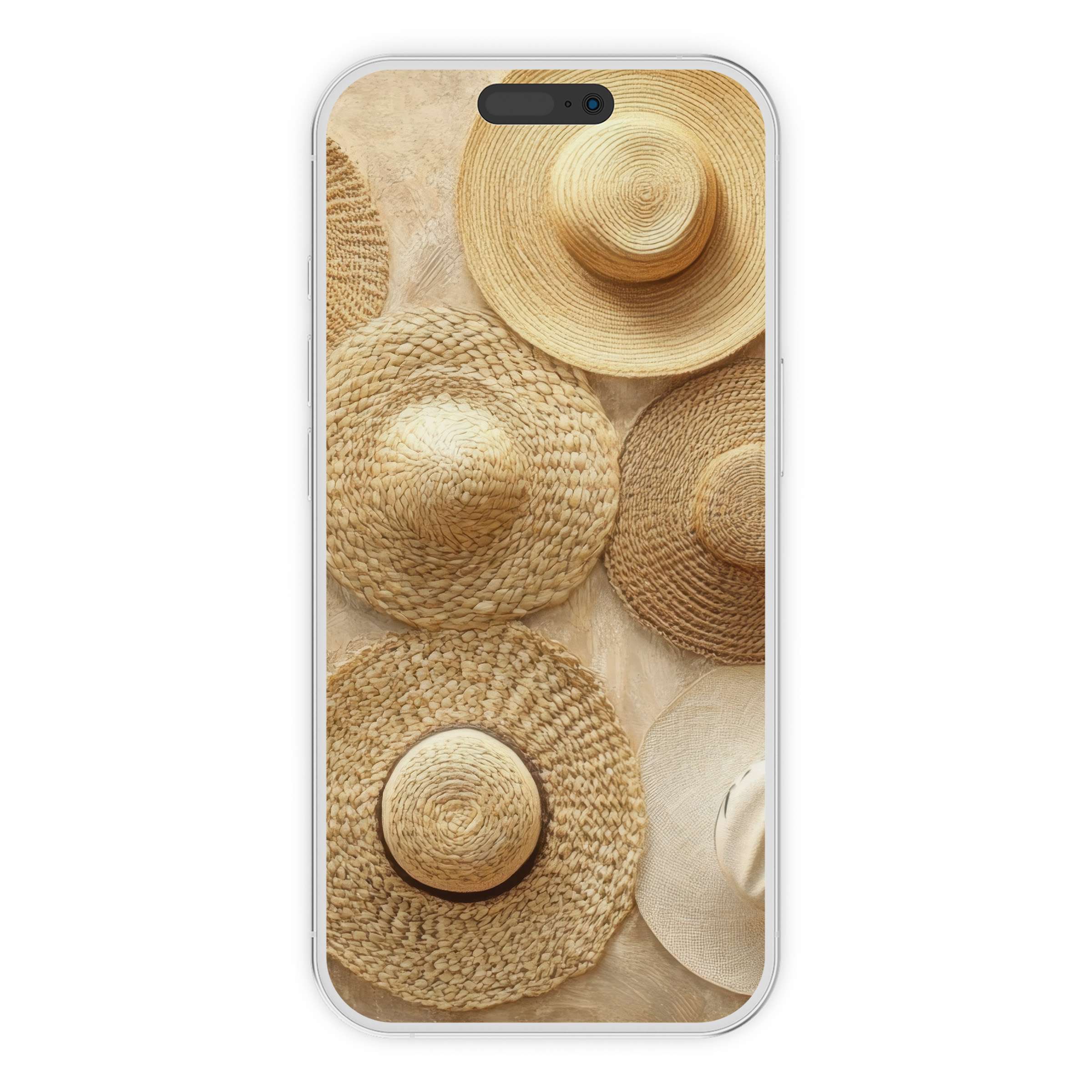Elegant boho iPhone wallpaper featuring straw hats for a calming phone background digital download ideal for tranquil aesthetics