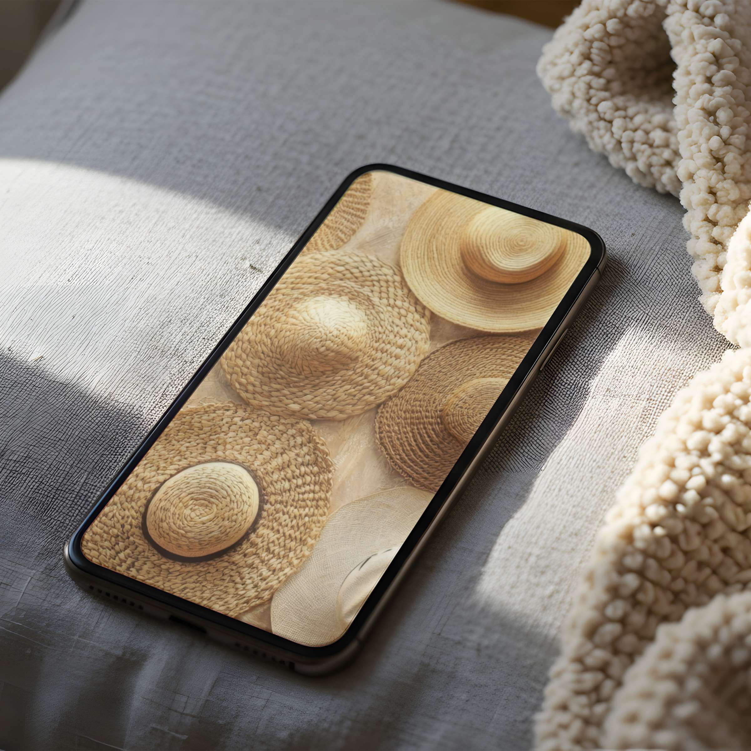 Elegant phone wallpaper featuring woven hats in soft hues, offering calm aesthetics for iPhone and Android phones, high resolution download