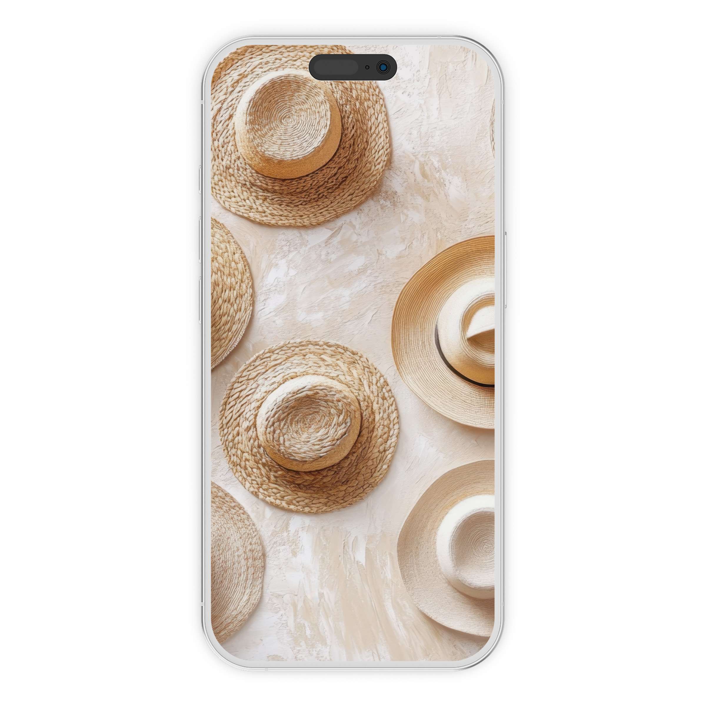 Boho iPhone wallpaper featuring rustic straw hats on a textured background offers a calming digital download for elegant phone aesthetics