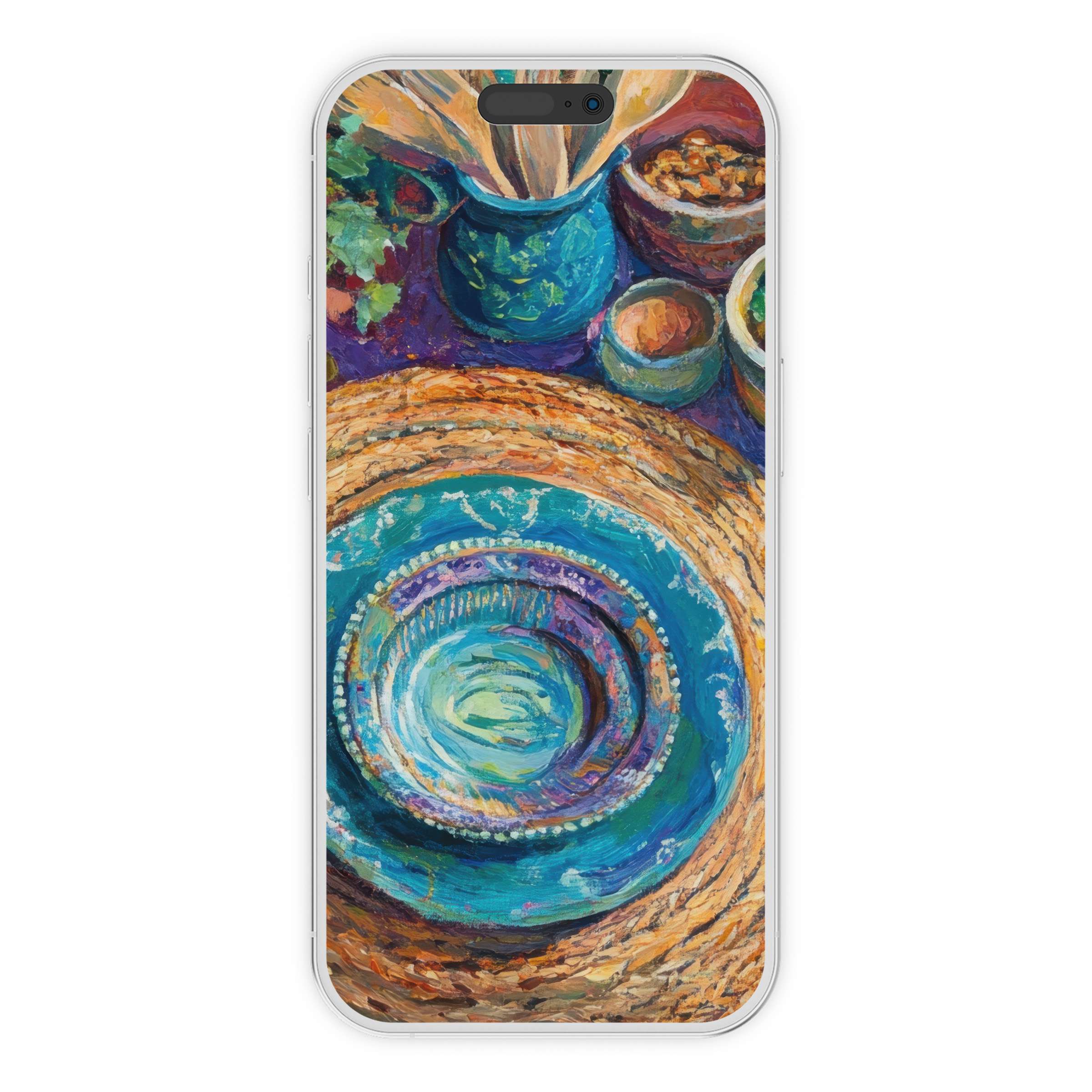 Vibrant boho iPhone wallpaper featuring a textured, colorful table setting in artistic style, perfect phone background digital download