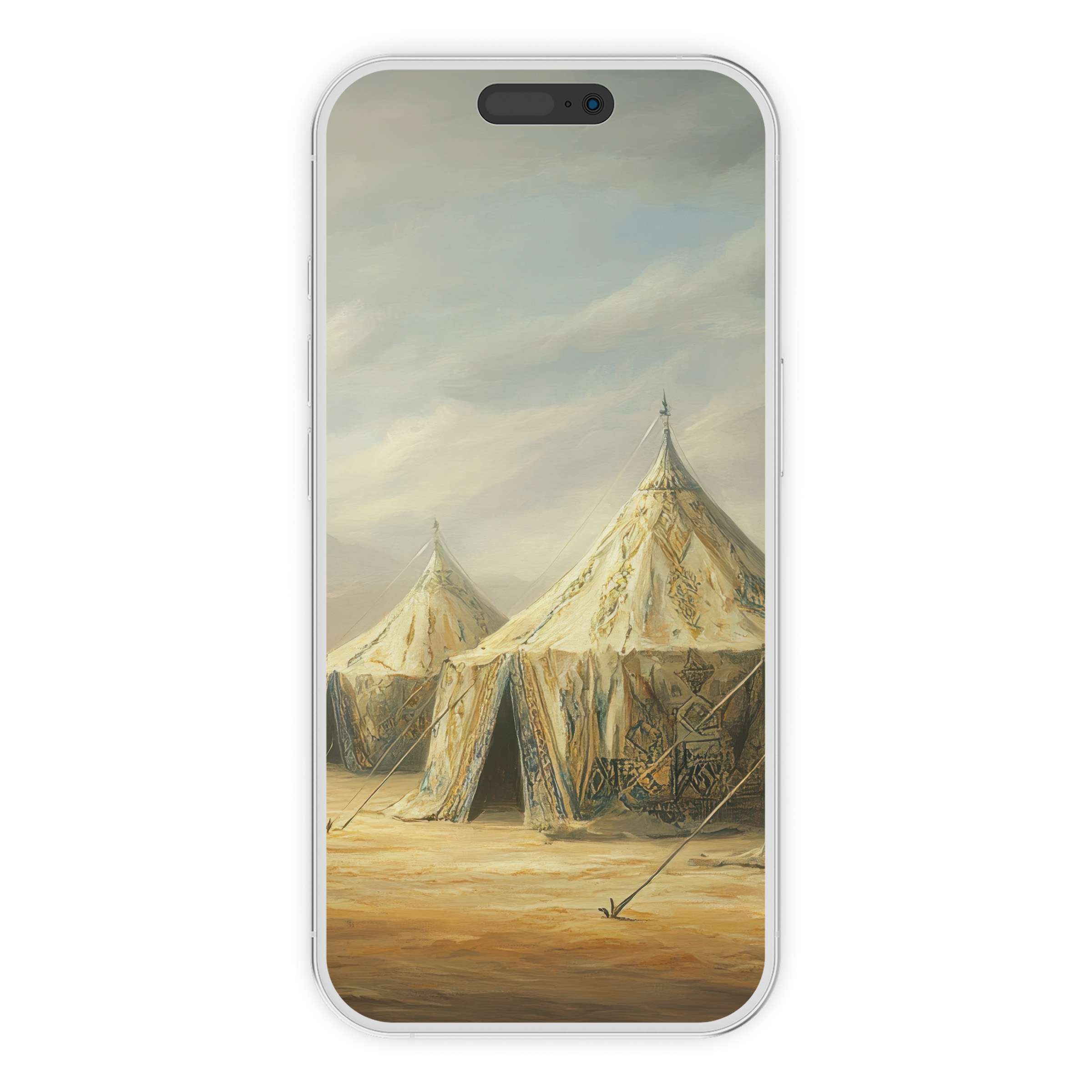 Elegant boho iPhone wallpaper featuring artistic nomadic tents under soft skies, perfect digital download for phone background use