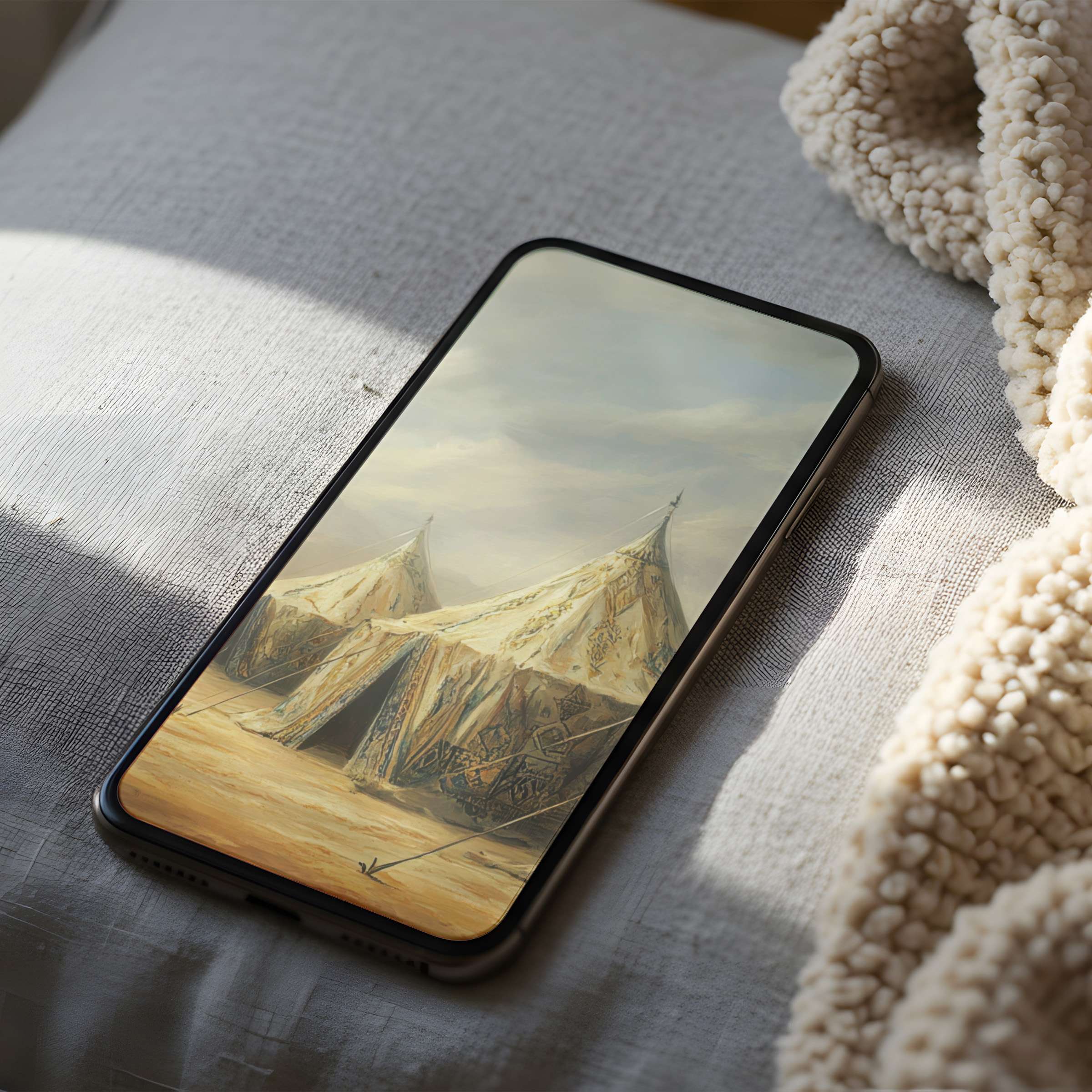 Elegant phone wallpaper featuring serene desert tents with soft, muted tones for high-resolution iPhone or Android digital download