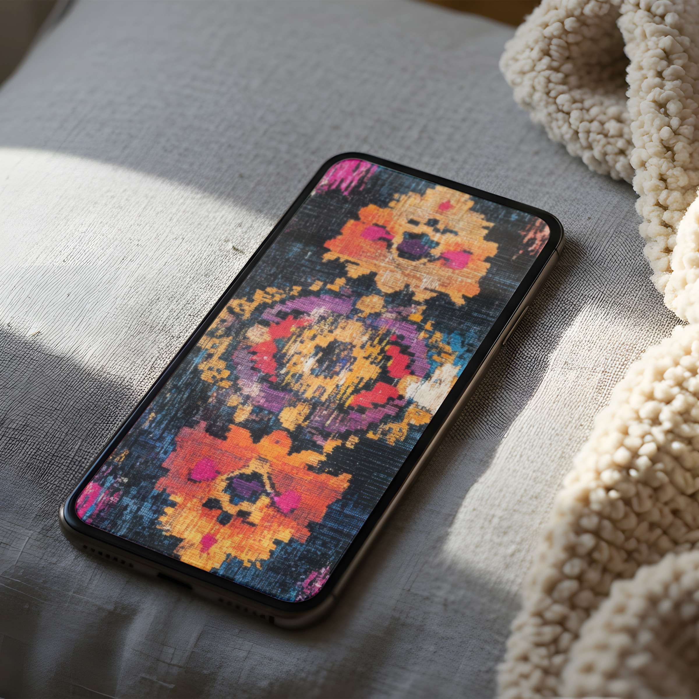 Vivid abstract phone wallpaper with a woven pattern and warm hues on a cozy bed setting enhances any iPhone or Android device