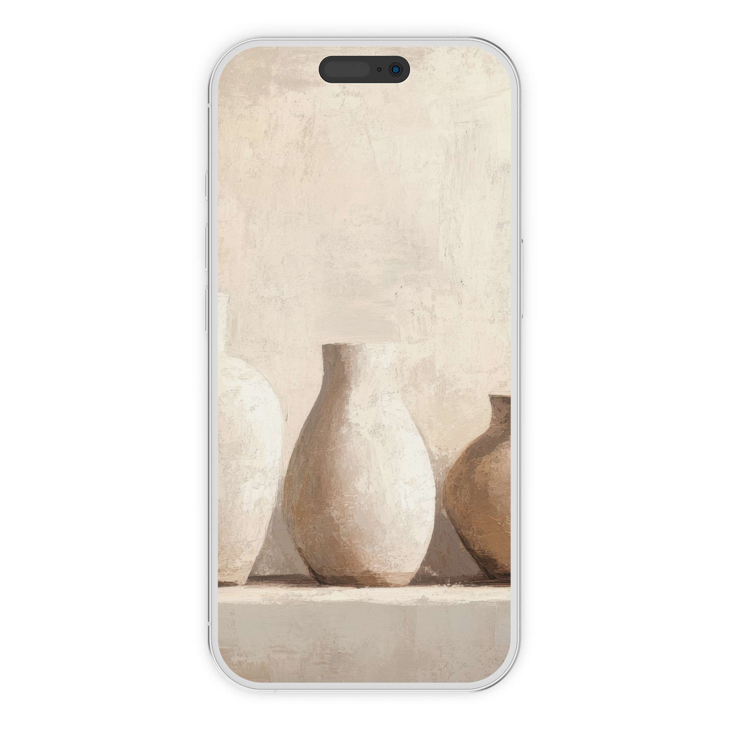 Elegant boho iPhone wallpaper featuring soft beige tones and minimalist pottery design for a serene digital download phone background