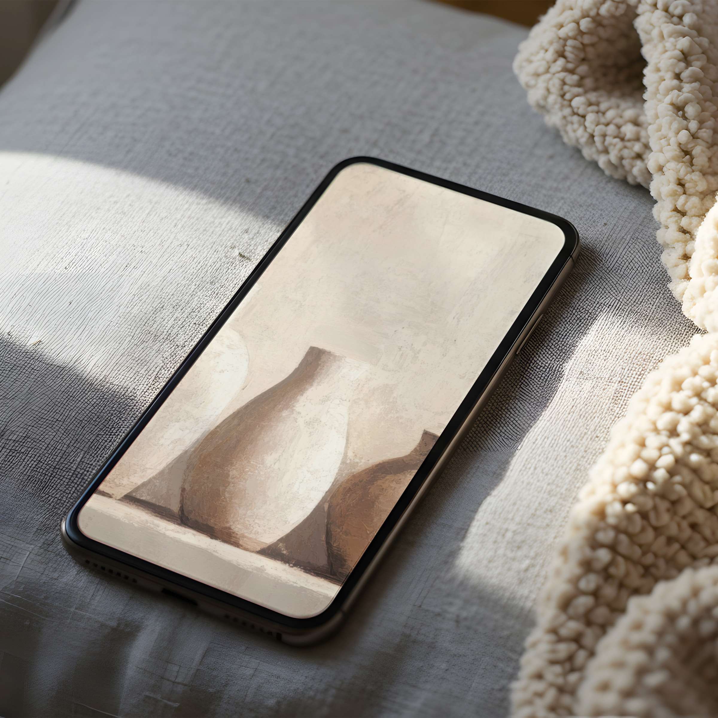 Elegant abstract phone wallpaper featuring soft beige vases, perfect high resolution digital download for iPhone and Android users seeking serenity