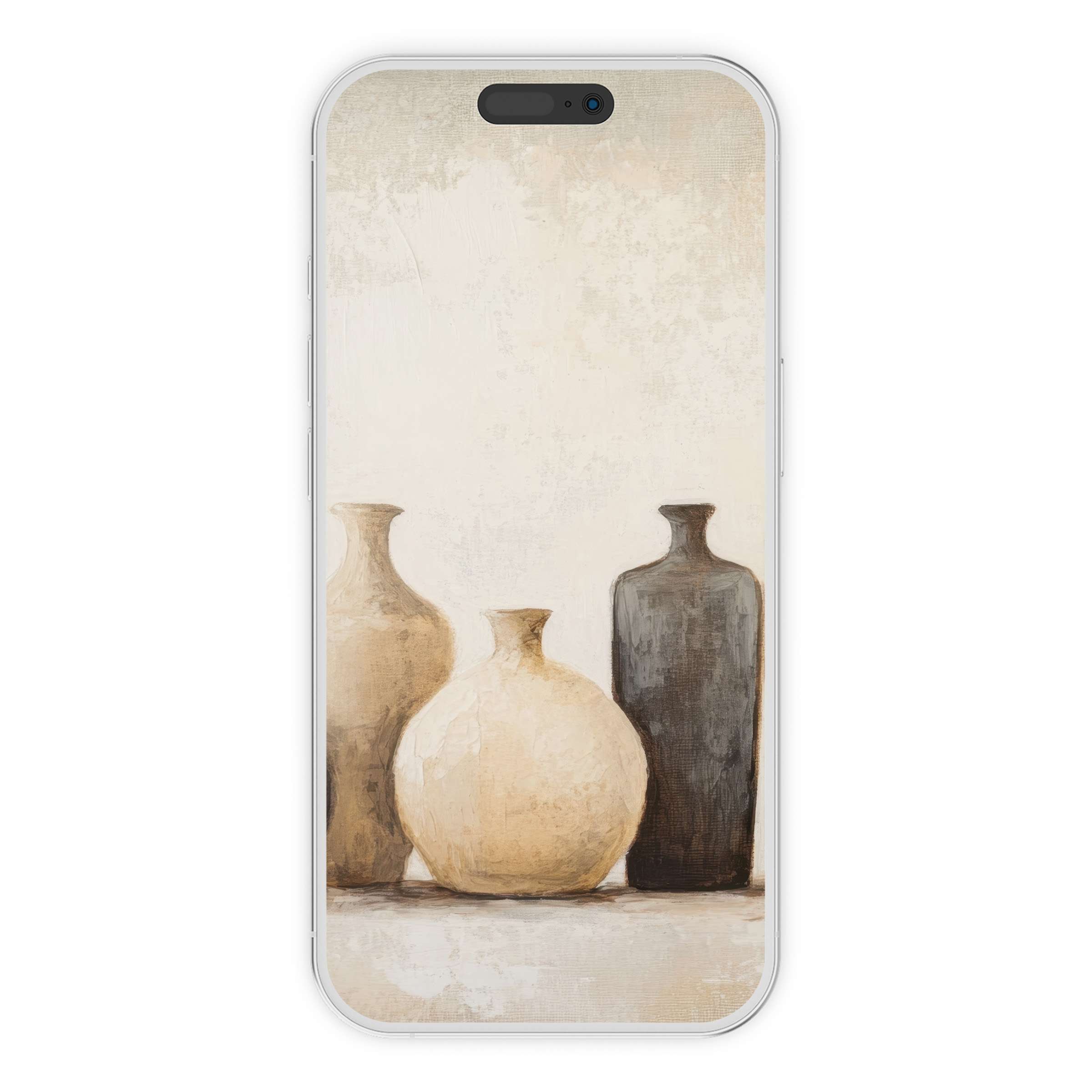 Elegant boho iPhone wallpaper featuring earthy vases in neutral tones for a calming, artistic phone background digital download