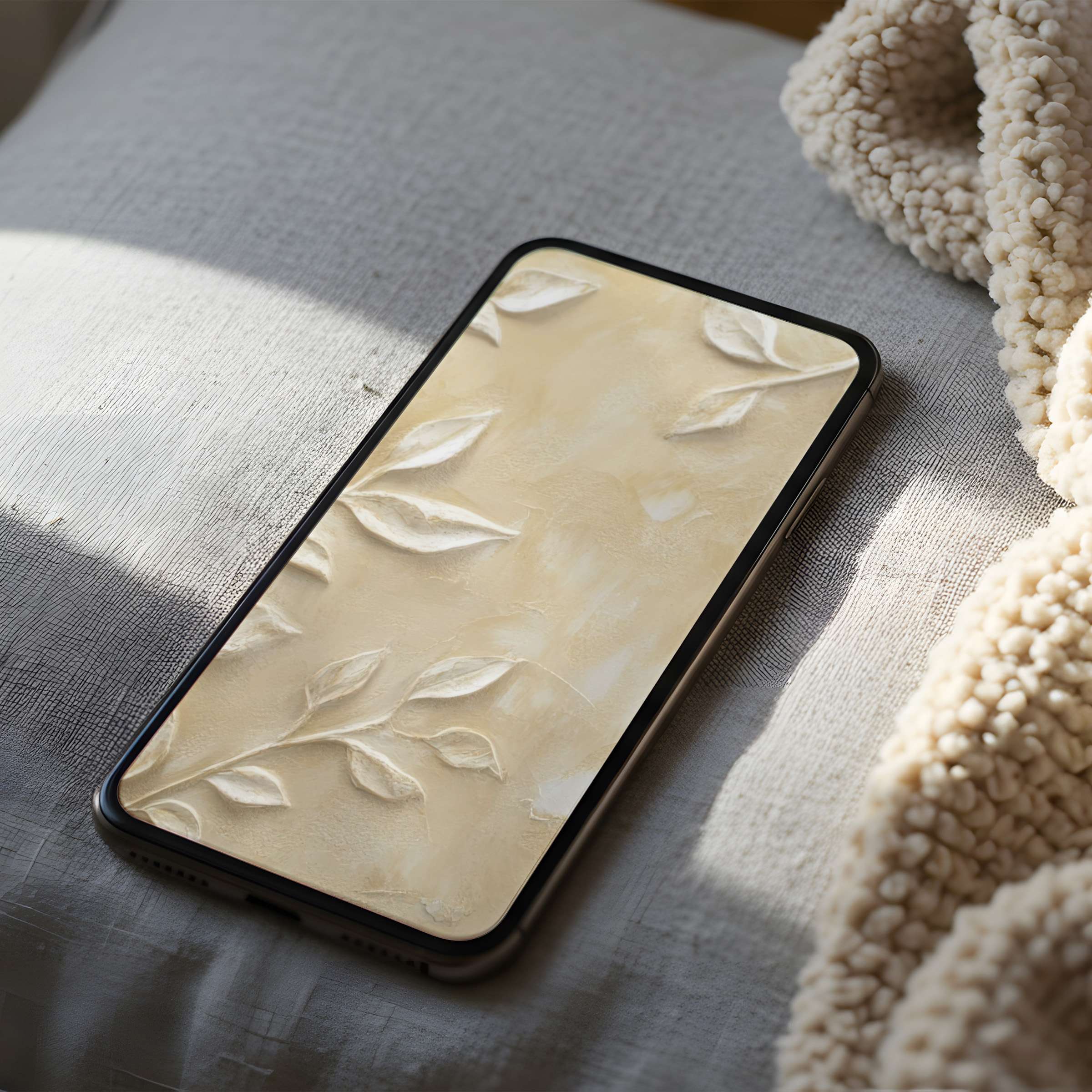 Elegant beige phone wallpaper featuring embossed leaves, creating a calming aesthetic for iPhone and Android Ideal digital download