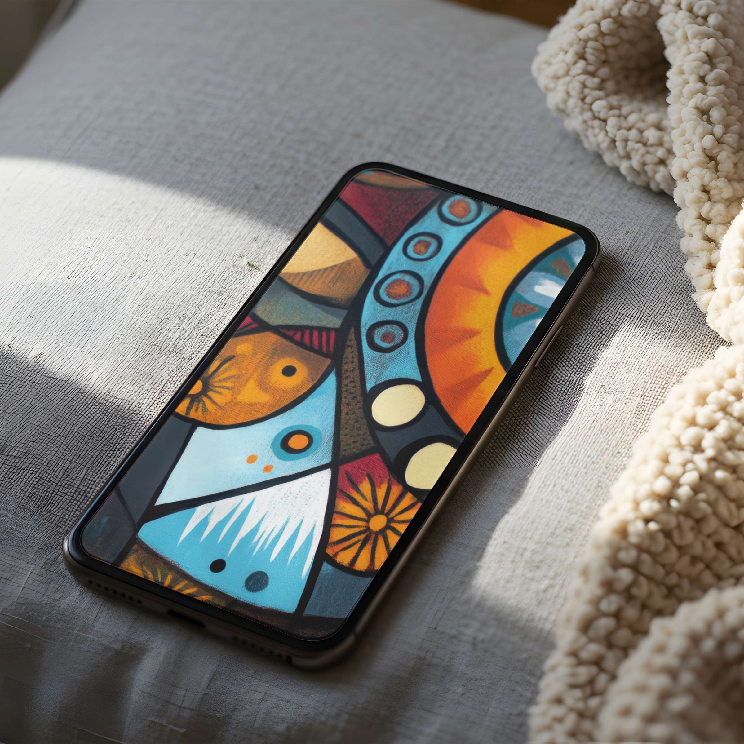 Elegant abstract phone wallpaper featuring vibrant geometric patterns and warm colors high resolution digital download for calm interiors