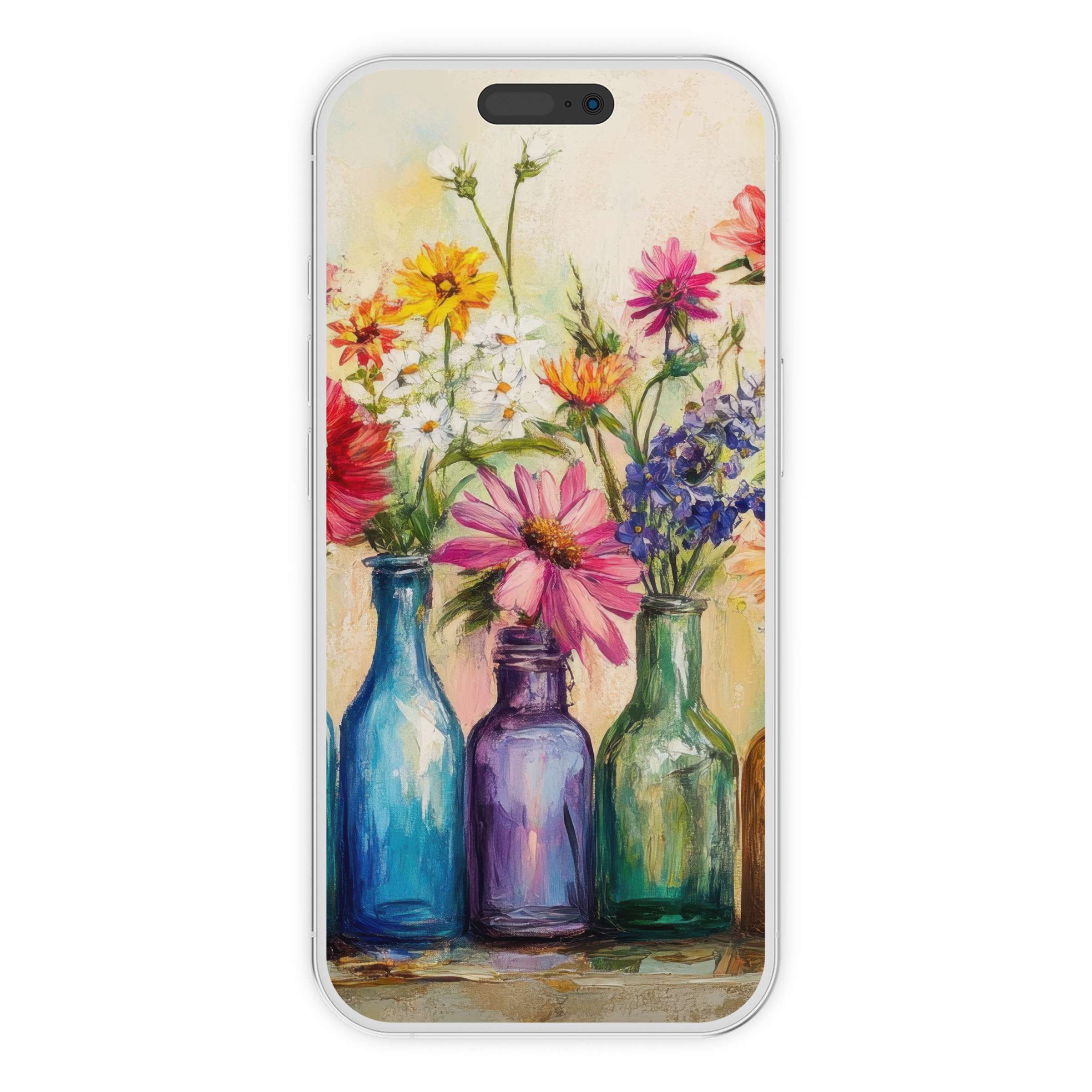 Boho iPhone wallpaper with vibrant floral vases offers an elegant digital download phone background for a calming aesthetic feel