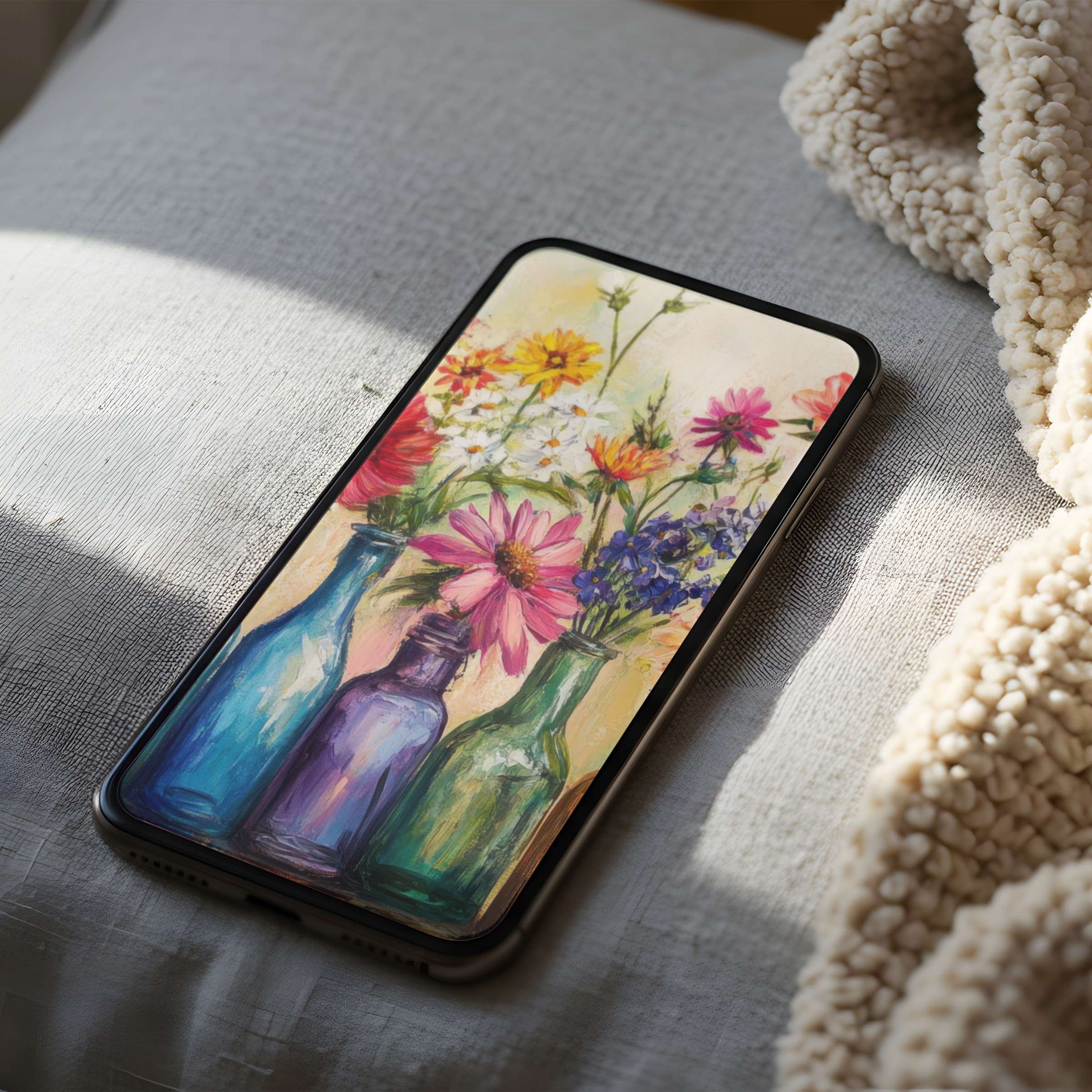 Colorful floral bouquet phone wallpaper in vibrant bottles set on a cozy textured surface bringing elegance to iPhone and android screens