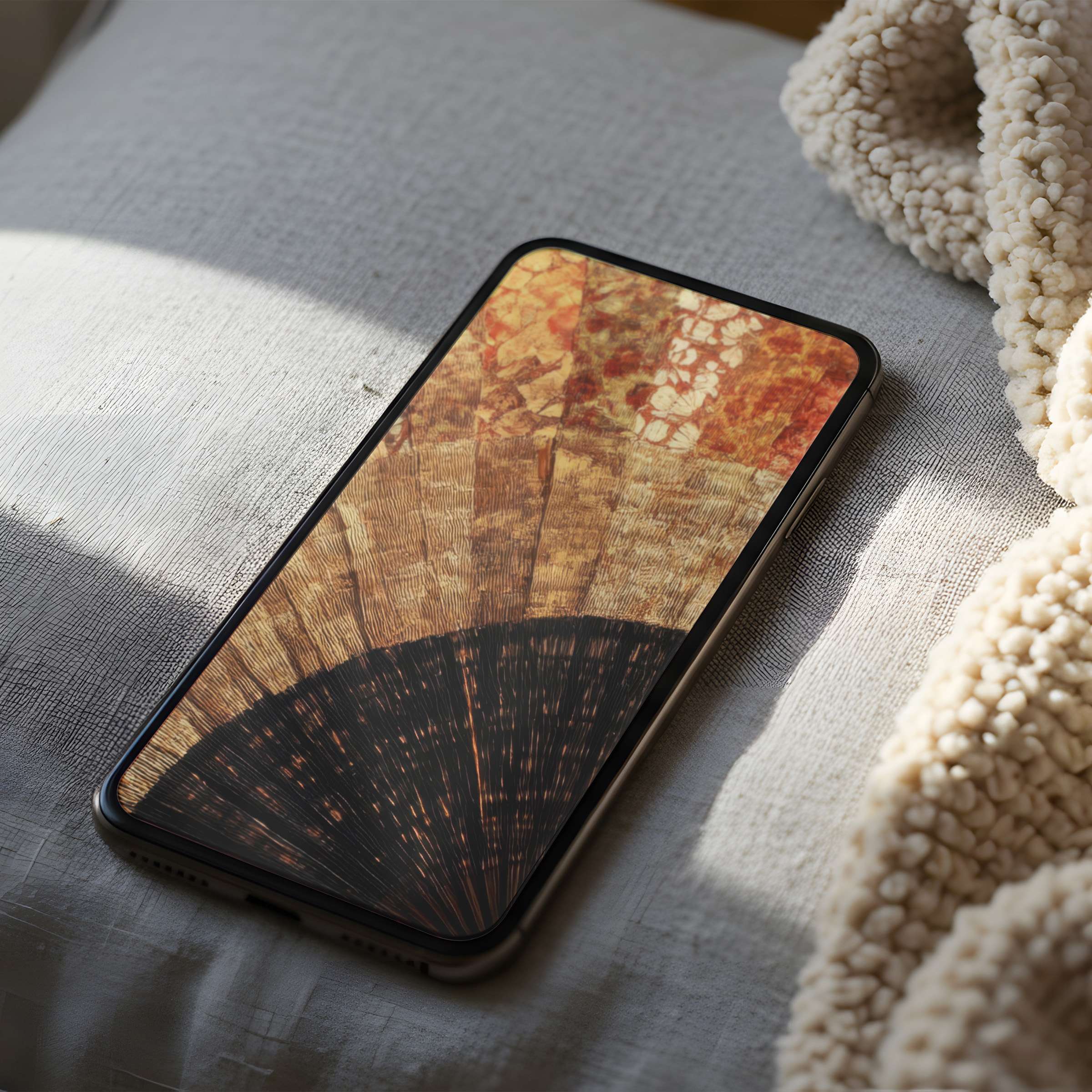 Elegant phone wallpaper with warm earthy tones and abstract fan motif, perfect for iPhone, high-resolution digital download