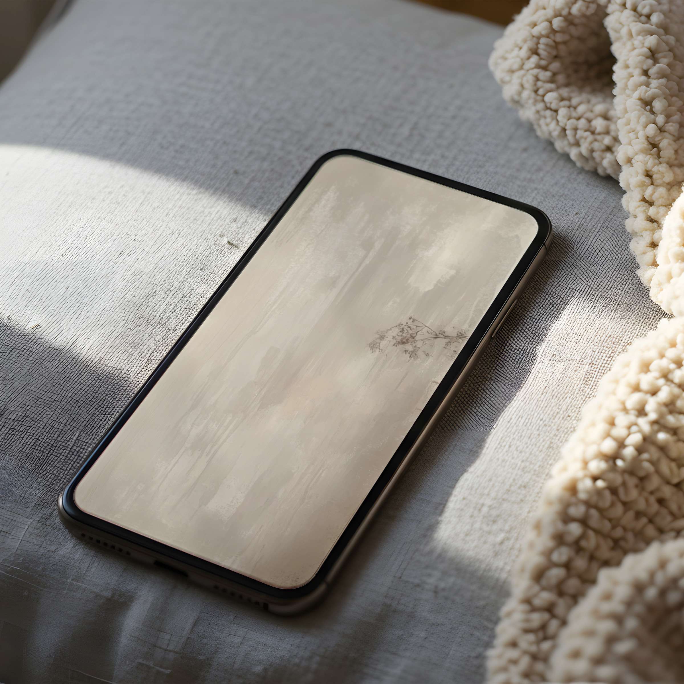 Calm abstract phone wallpaper with soft beige tones evokes serenity on a cozy bed background, ideal for iPhone and Android download