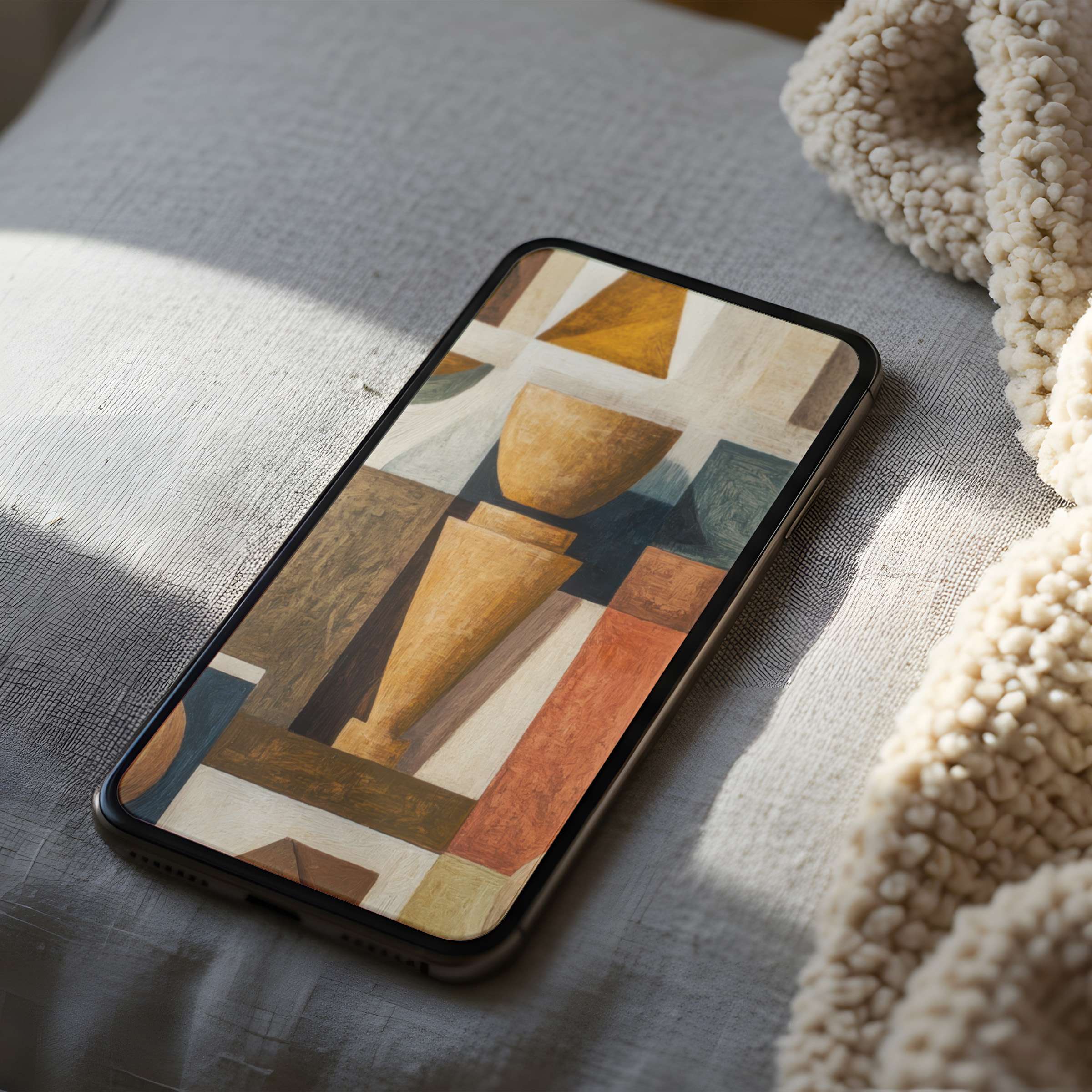 Elevate your space with this curated geometric phone wallpaper in warm earth tones, perfect for iPhone and Android digital download