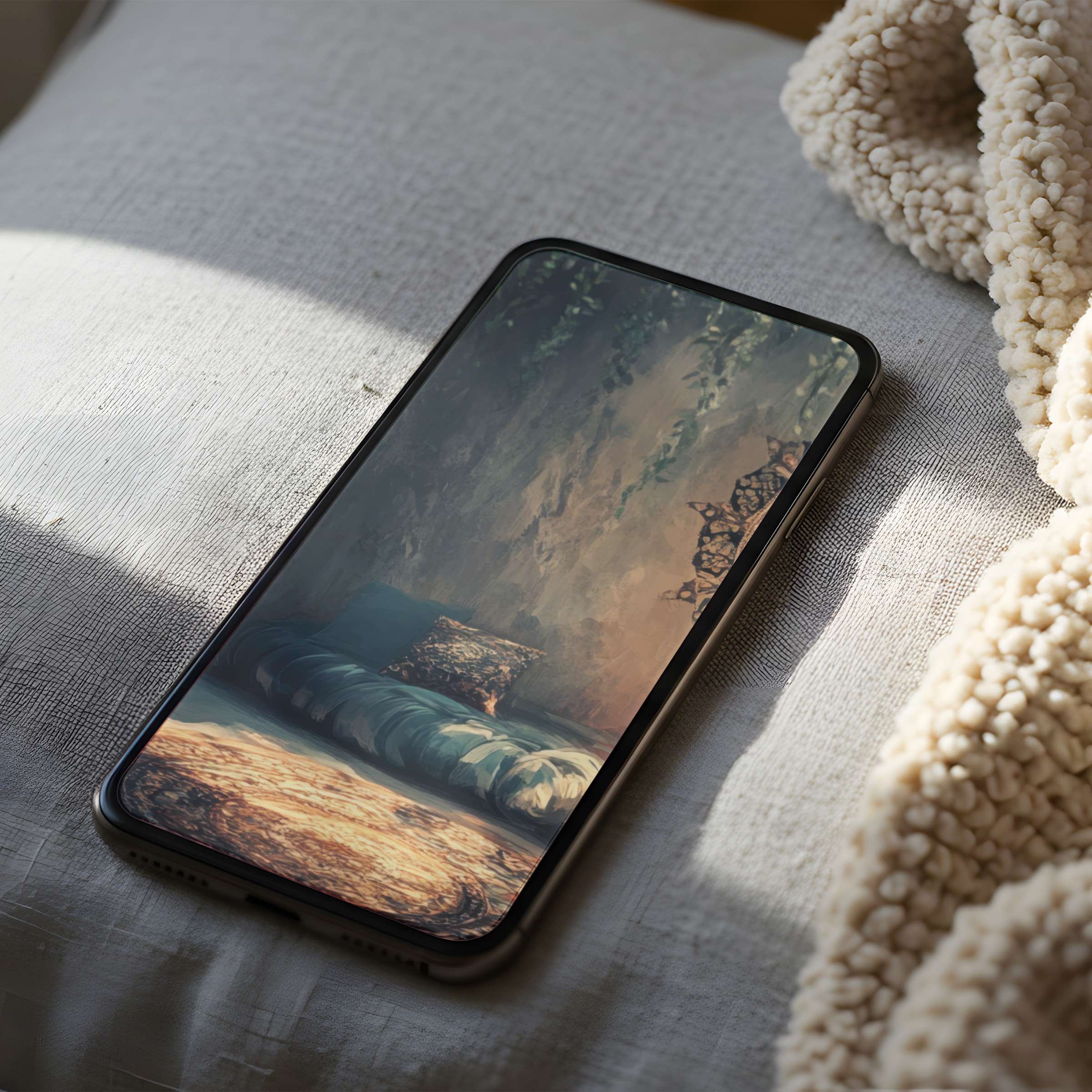 Elegant phone wallpaper featuring a serene boho interior with earthy tones and textures, ideal for high resolution iPhone and android phones