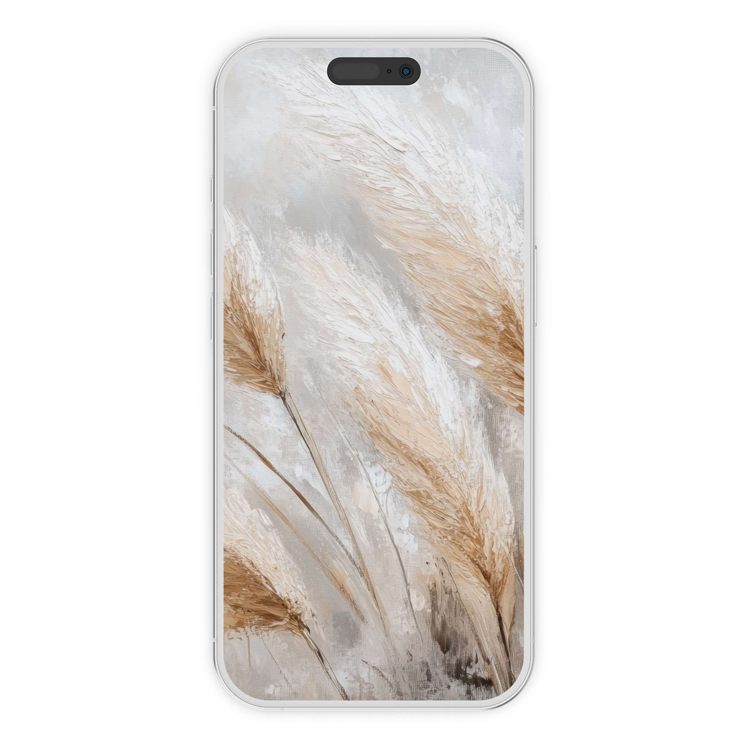 Elegant boho iPhone wallpaper featuring soft beige pampas grass, creating a calming phone background for digital download and style