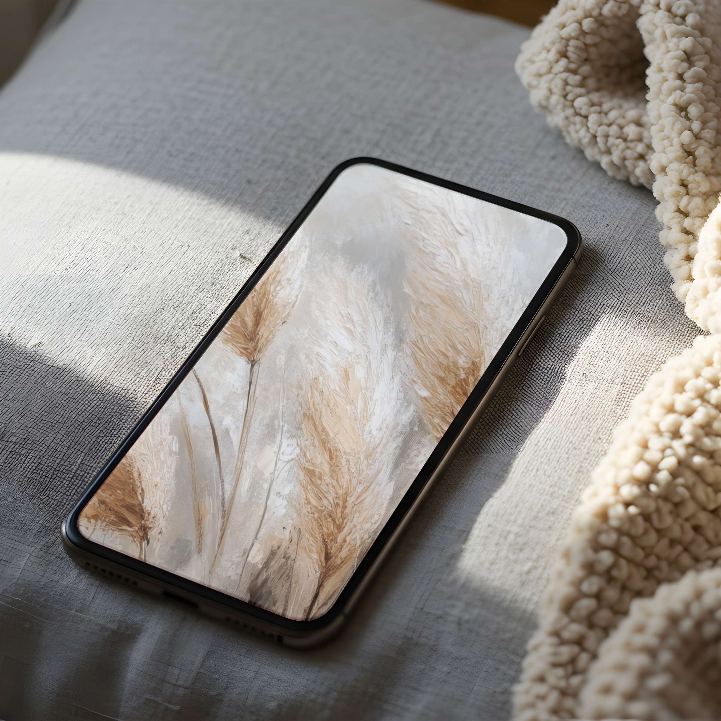 Elegant phone wallpaper featuring serene beige pampas grass on a soft background, perfect for iPhone and Android digital download
