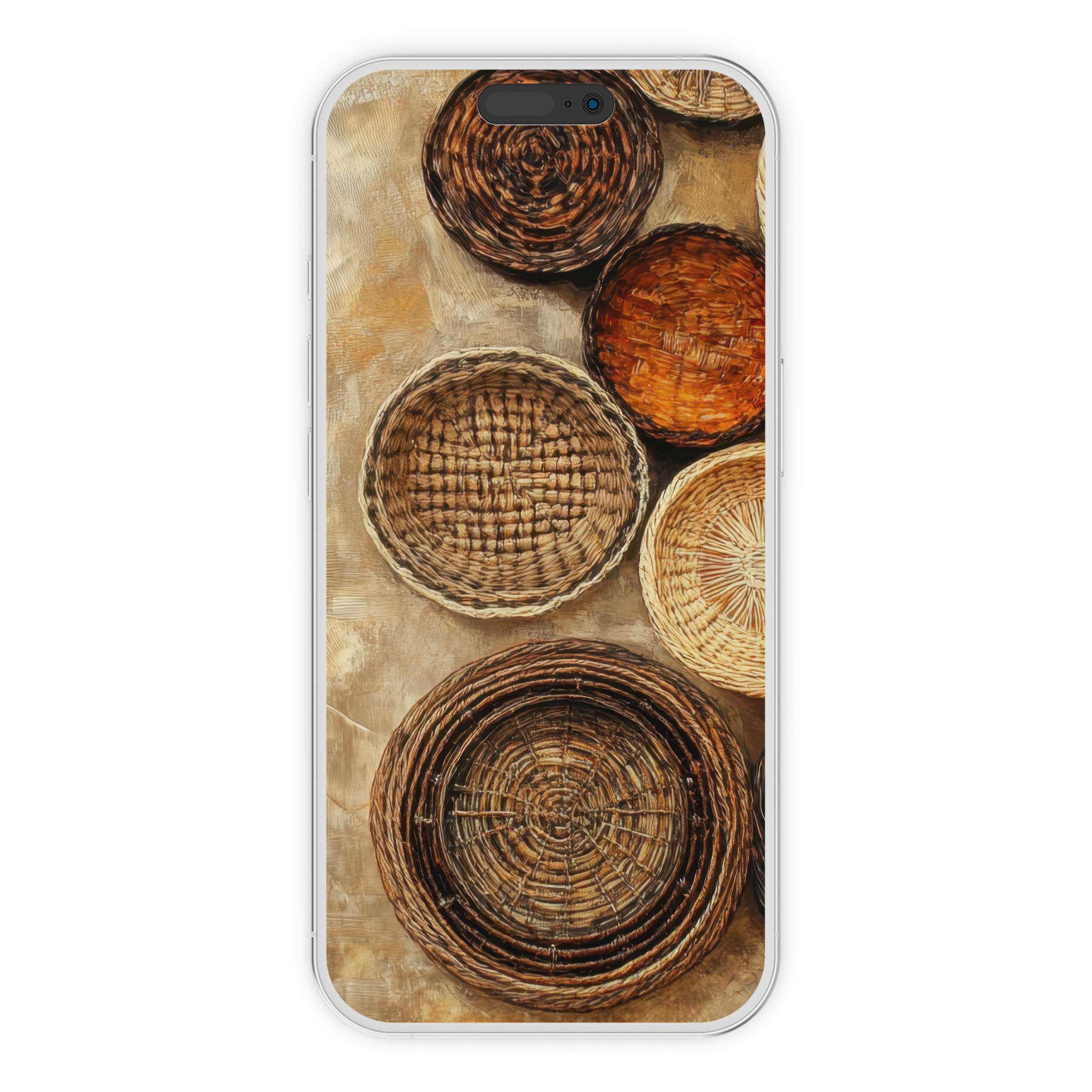 Boho iPhone wallpaper featuring rustic woven baskets in earthy tones offering a calming digital download phone background suitable for all devices