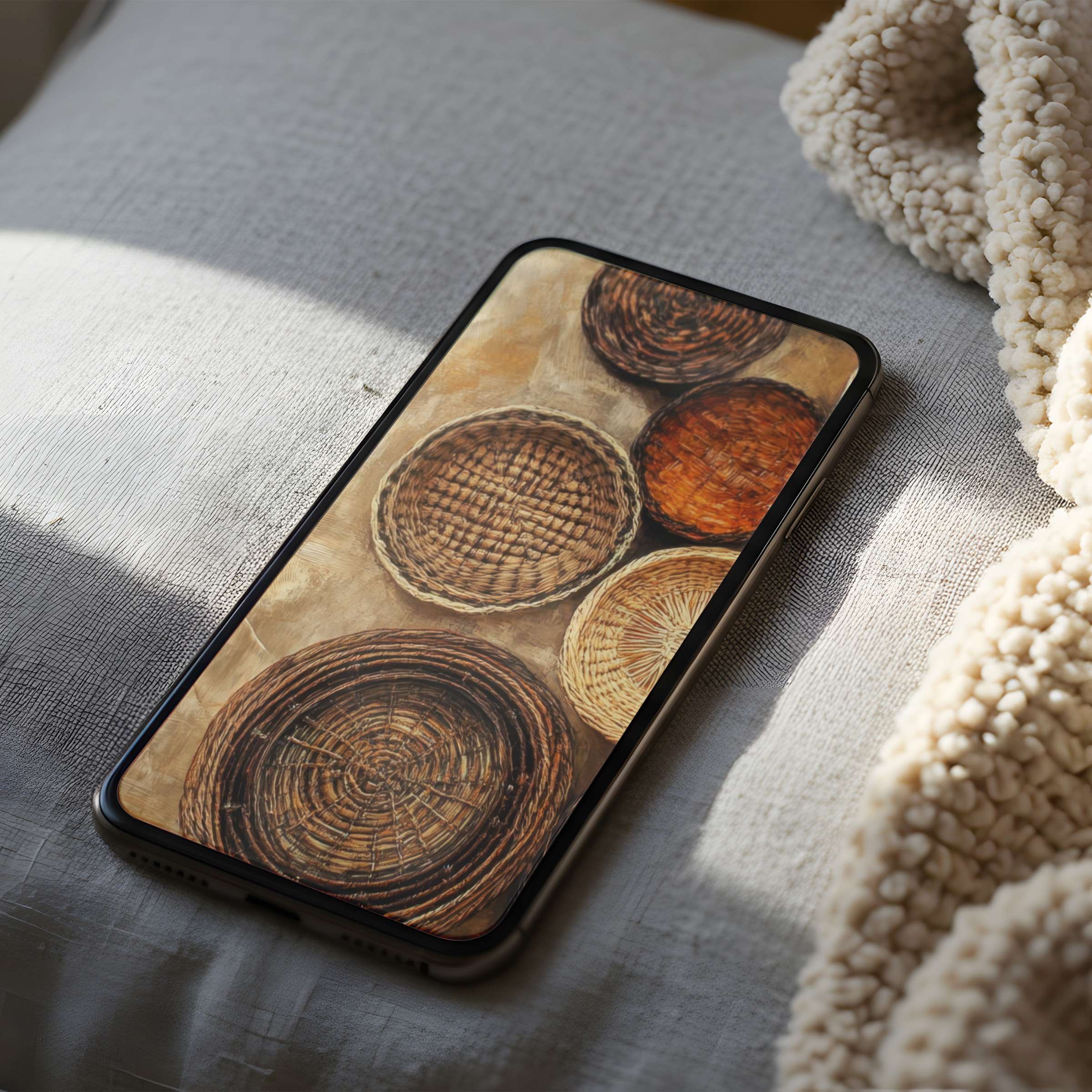 Calming earth-toned phone wallpaper featuring woven basket designs offers high resolution elegance for iPhone and Android digital download