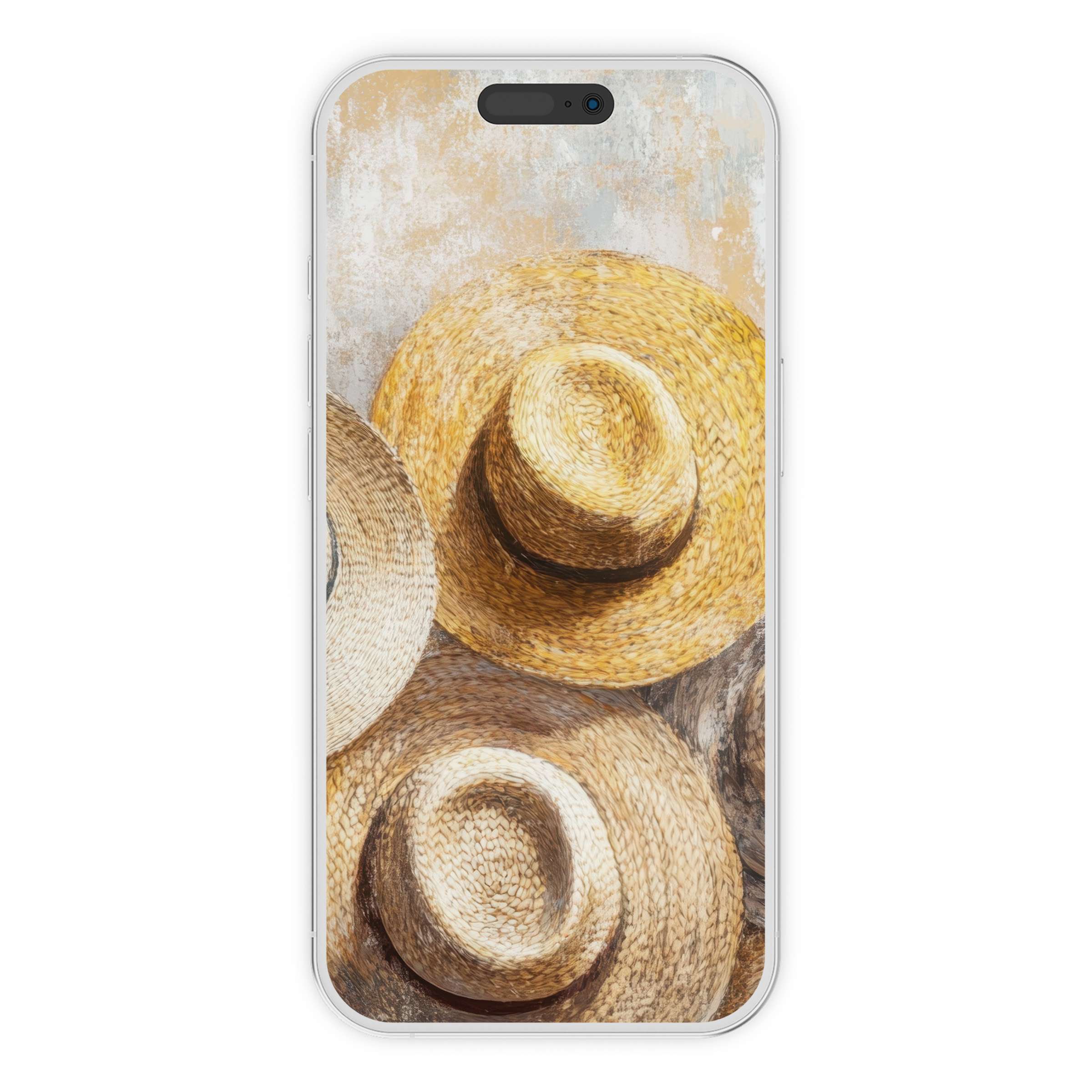Cozy boho iPhone wallpaper featuring rustic straw hats evokes serene elegance in a soothing phone background digital download option