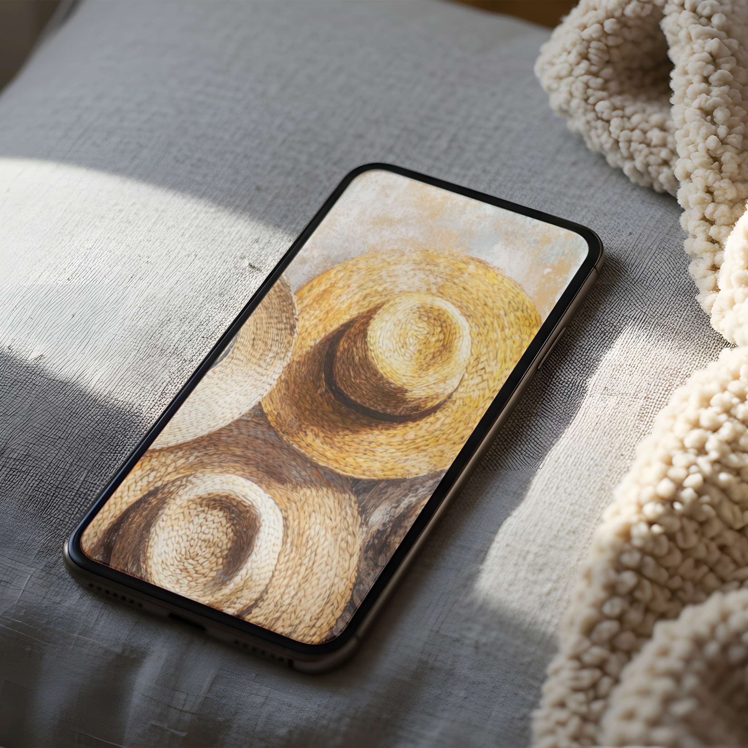 Elegant phone wallpaper featuring serene straw hats in warm tones, perfect high-resolution digital art for iPhone and Android download