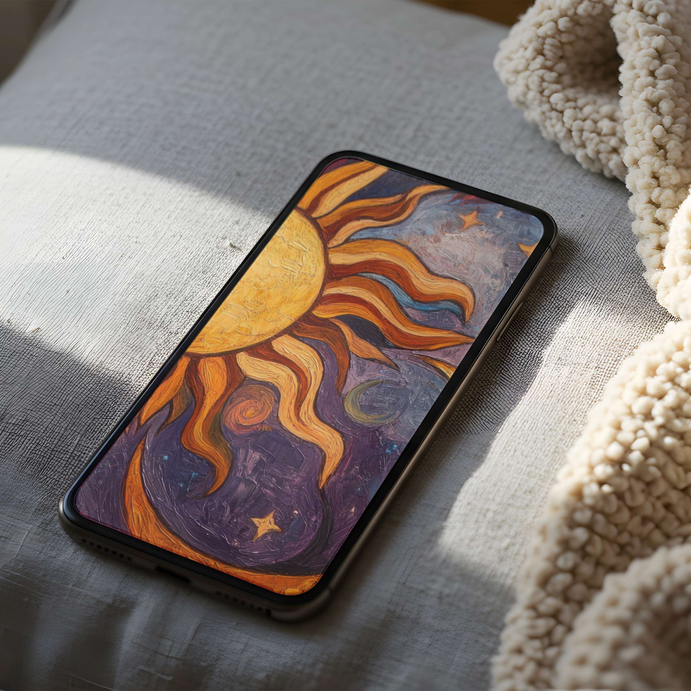 Sun and moon motif phone wallpaper in warm tones, nestled on cozy fabric exudes serenity, perfect for iPhone download