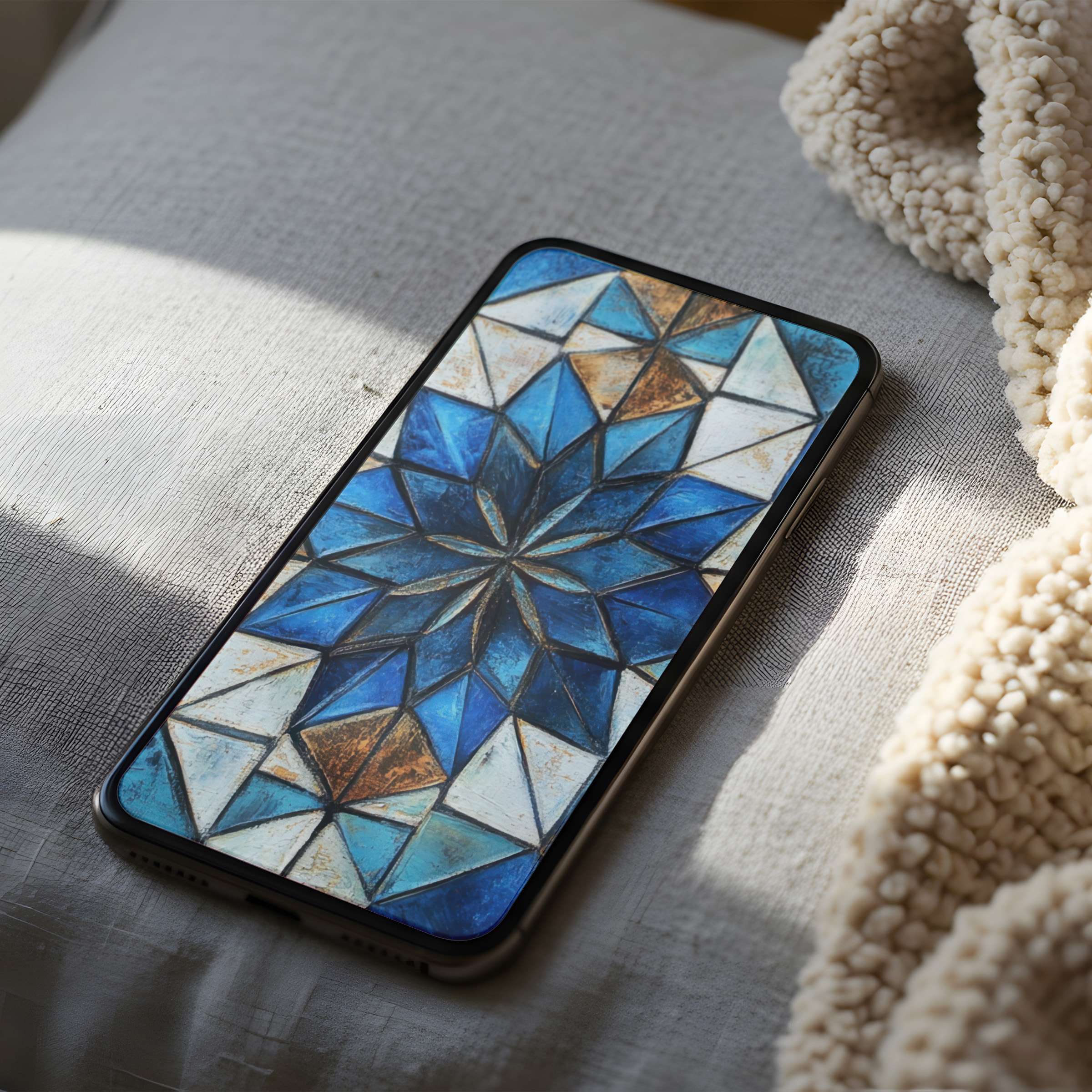 Elegant geometric phone wallpaper with blue and gold hues, perfect for iPhone and Android, adds a serene touch to any device