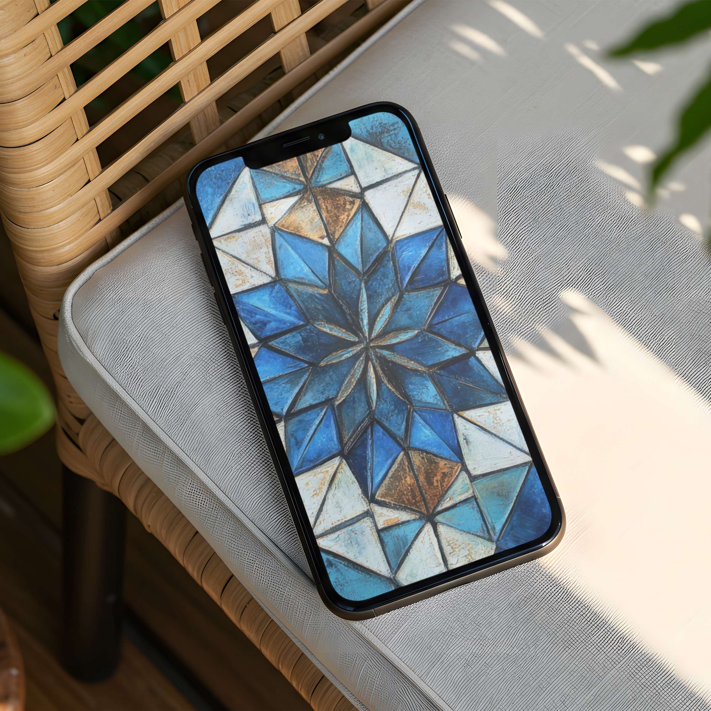 Elegant geometric mandala in calming blues on iPhone background offers instant download for aesthetic phone mindfulness and inspiration