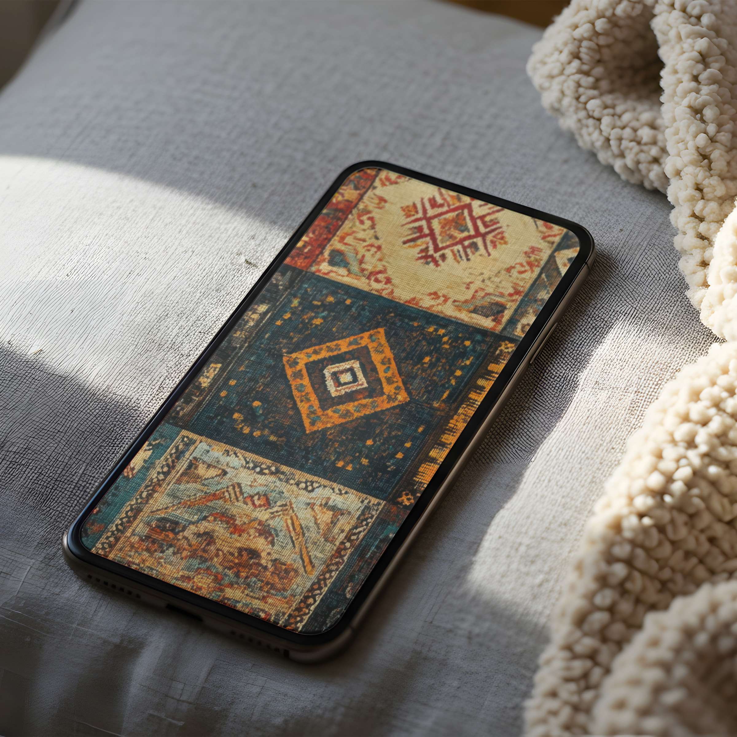 Elegant phone wallpaper featuring rich earthy tones and geometric motifs, perfect for iPhone or Android; digital download includes high resolution
