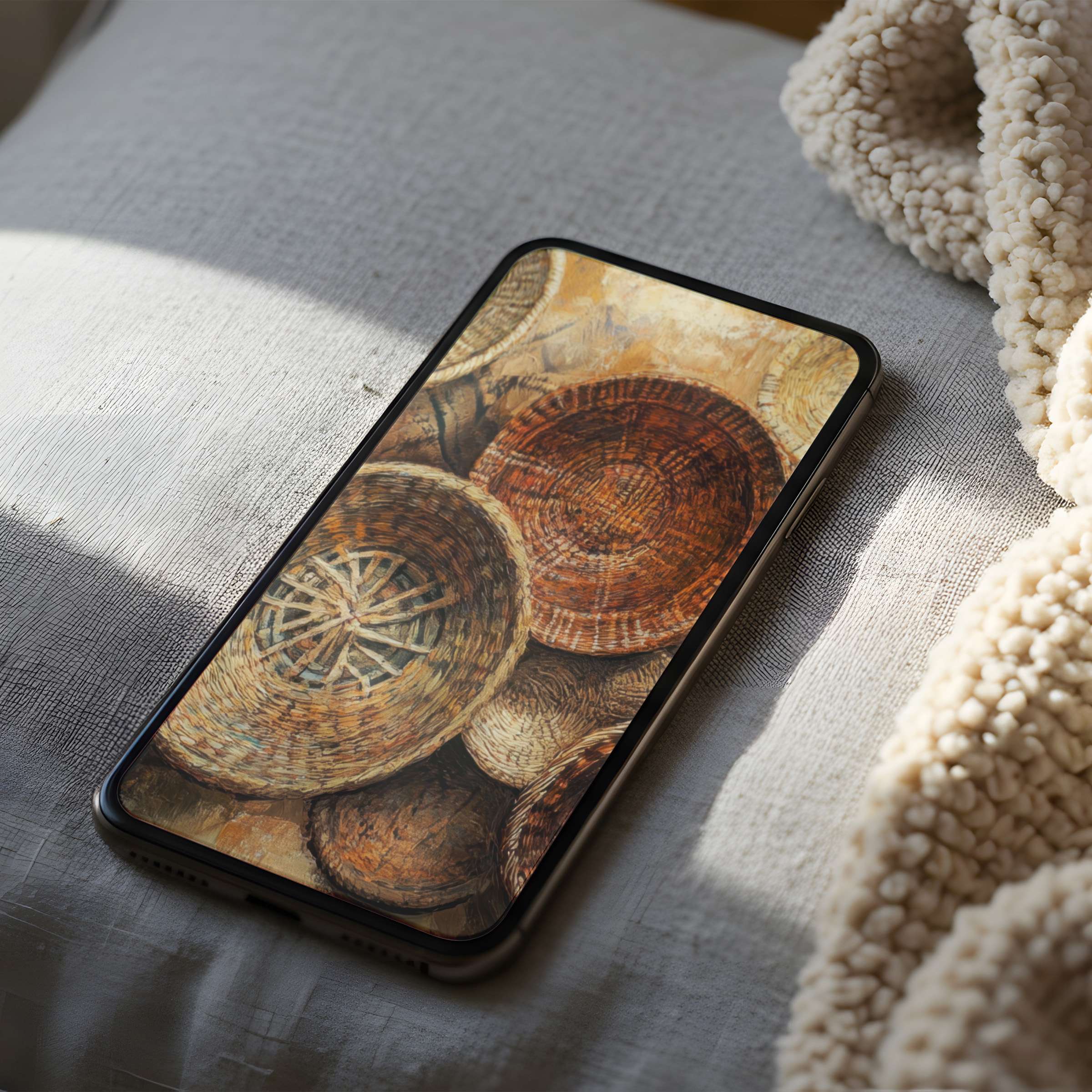 Earthy basket motif phone wallpaper offers a serene touch, perfect for iPhone and android high-resolution digital downloads