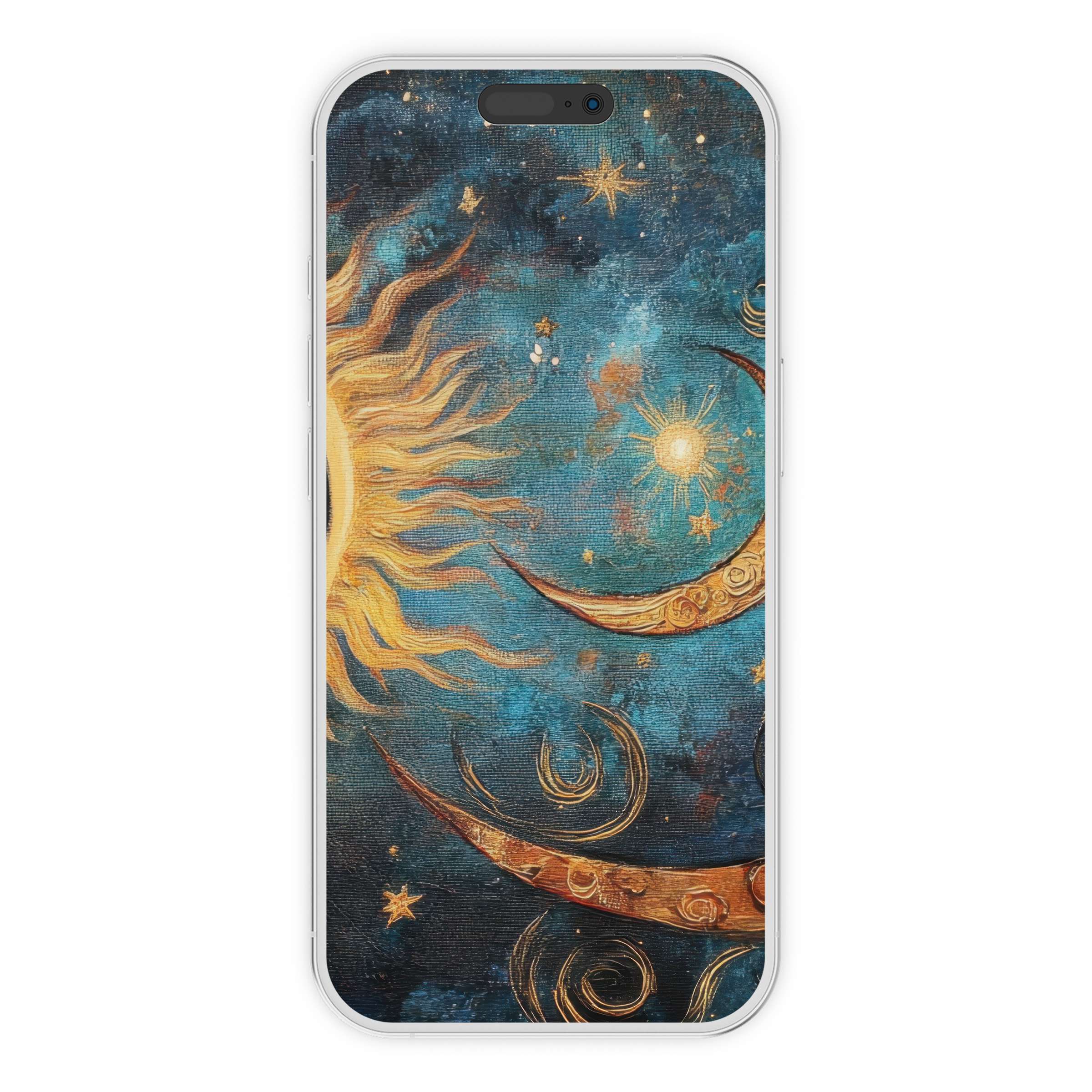 Boho iPhone wallpaper digital download featuring celestial sun and moon in rich blue tones perfect phone background for all devices