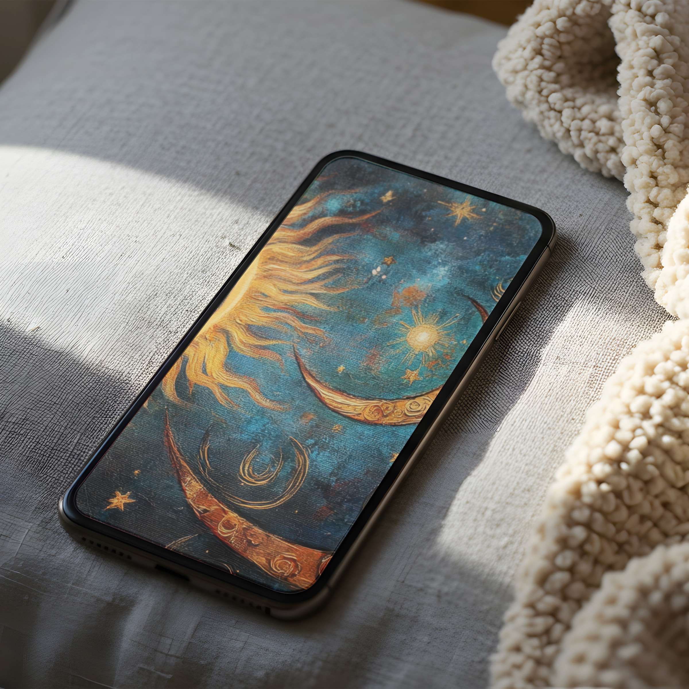 Elegant celestial motif phone wallpaper in high resolution, featuring vibrant sun and moon on a fabric background suitable for digital download